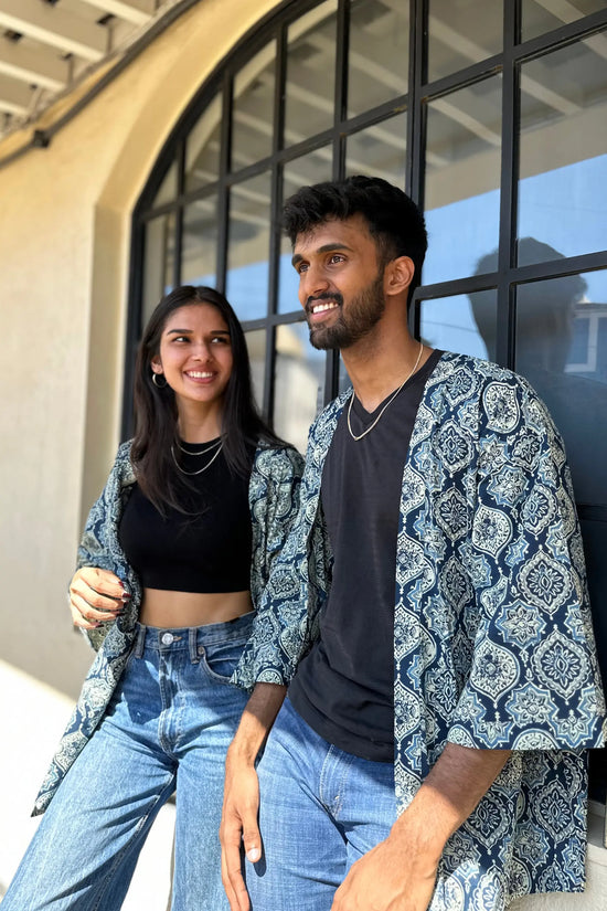 Freesize Unisex Ajrak Hand-Printed Cotton Shrug in Blue AMARAA