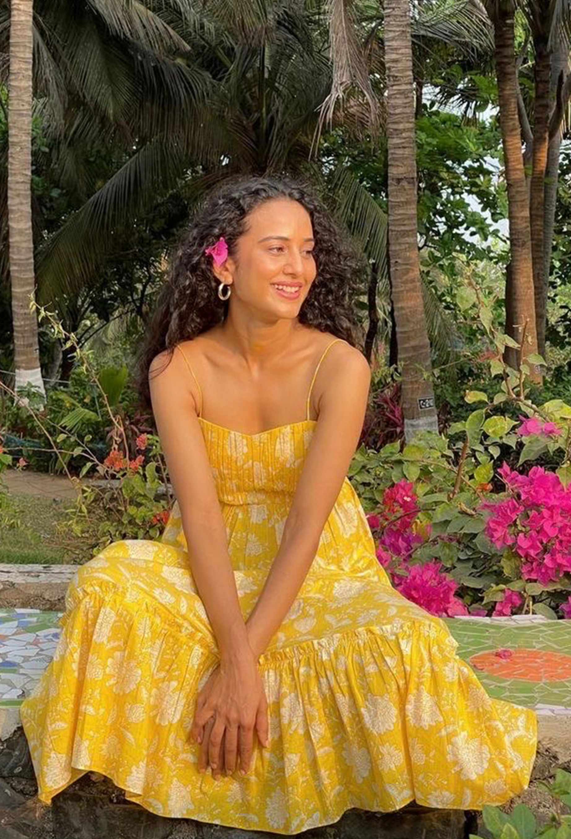 Yellow Floral Print Sundress In Soft Cotton Hand-printed Fabric with Pocket