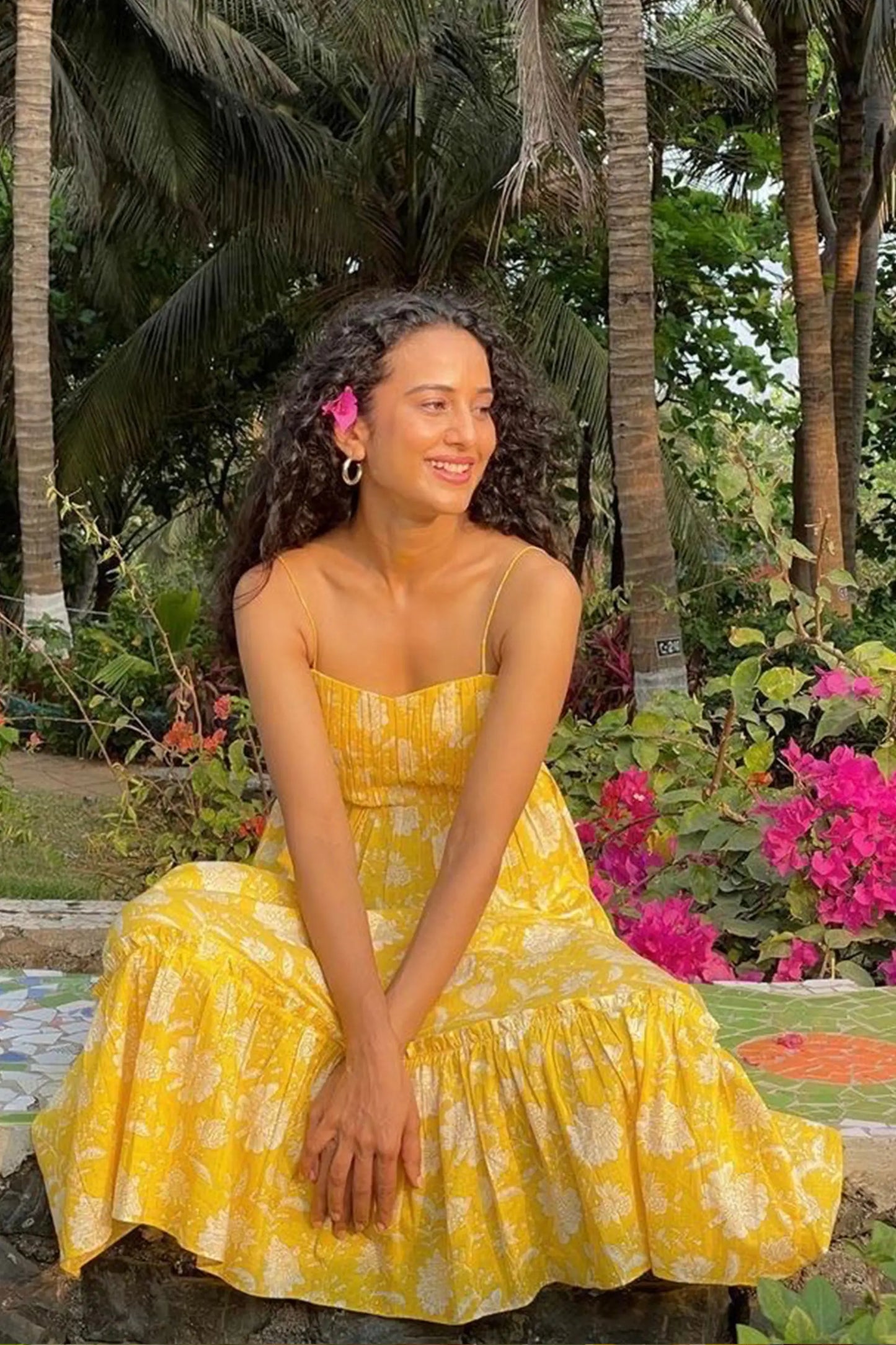 Yellow Floral Print Maxi Sundress In Soft Cotton Hand-printed Fabric with Pocket AMARAA