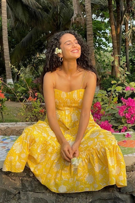 Yellow Floral Print Maxi Sundress In Soft Cotton Hand-printed Fabric – AMARAA Yellow Floral Print Maxi Sundress In Soft Cotton Hand-printed Fabric – AMARAA