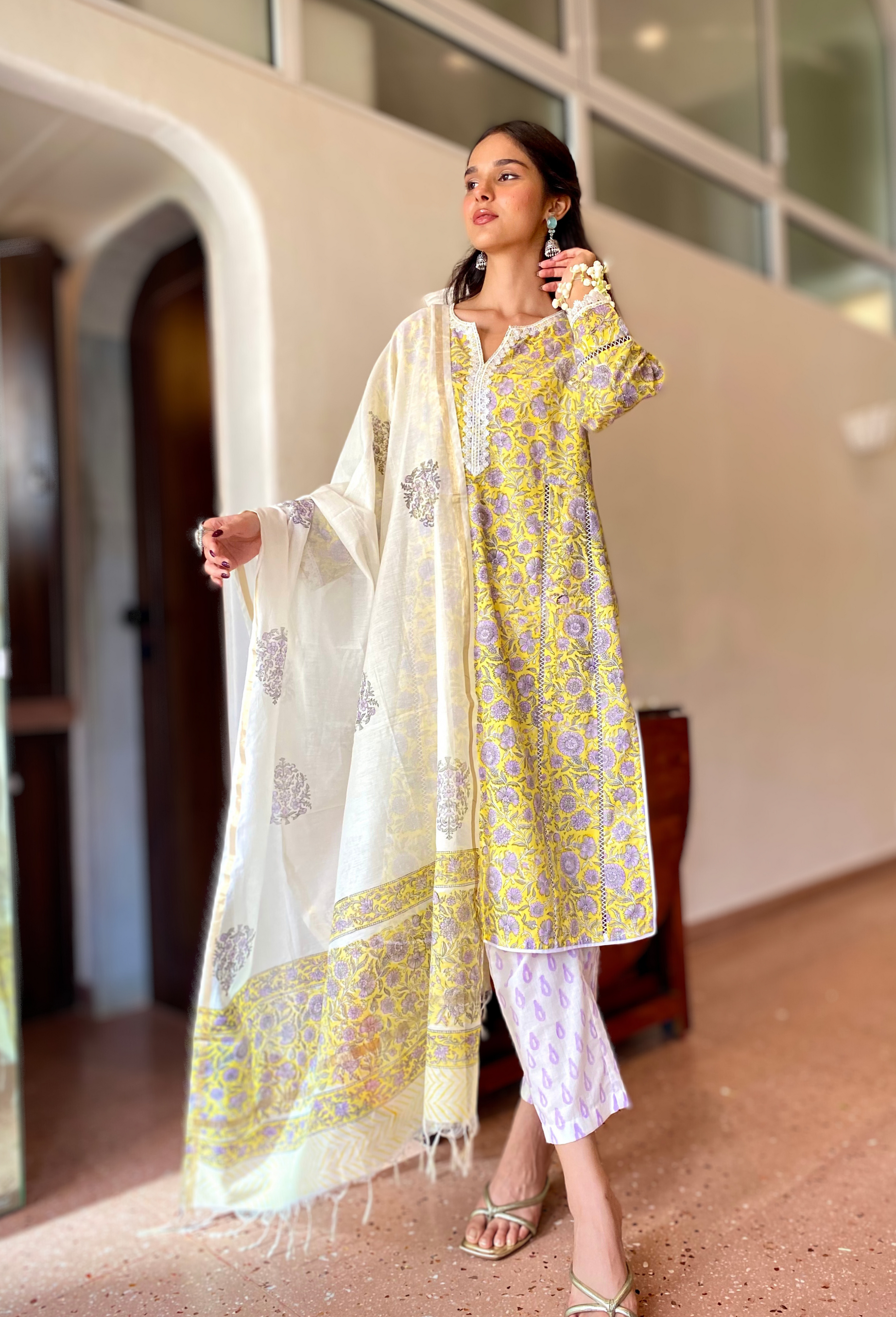 Yellow and Lilac Hand Block Printed Kurta Set