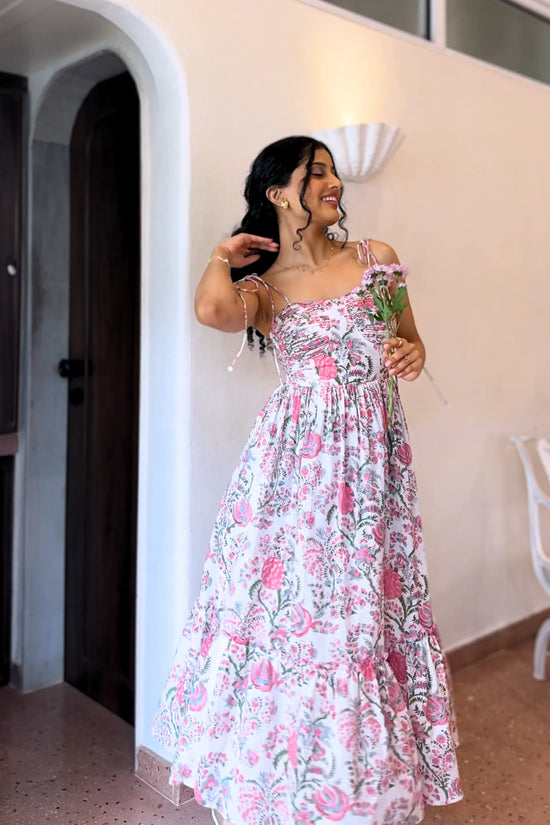 White and Pink Floral Maxi Dress With Pocket and Back Smocking AMARAA