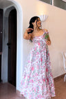 White and Pink Floral Maxi Dress With Pocket and Back Smocking AMARAA