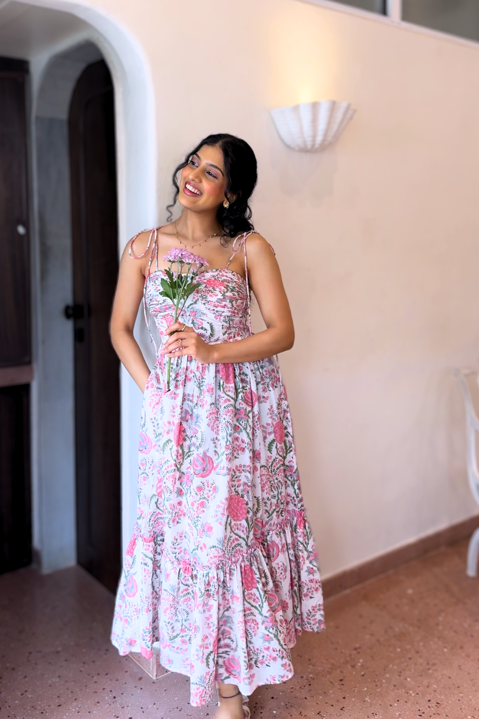 White and Pink Floral Maxi Dress With Pocket