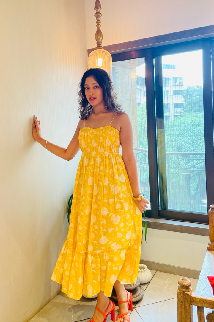 Yellow Floral Print Sundress In Soft Cotton Hand-printed Fabric with Pocket AMARAA