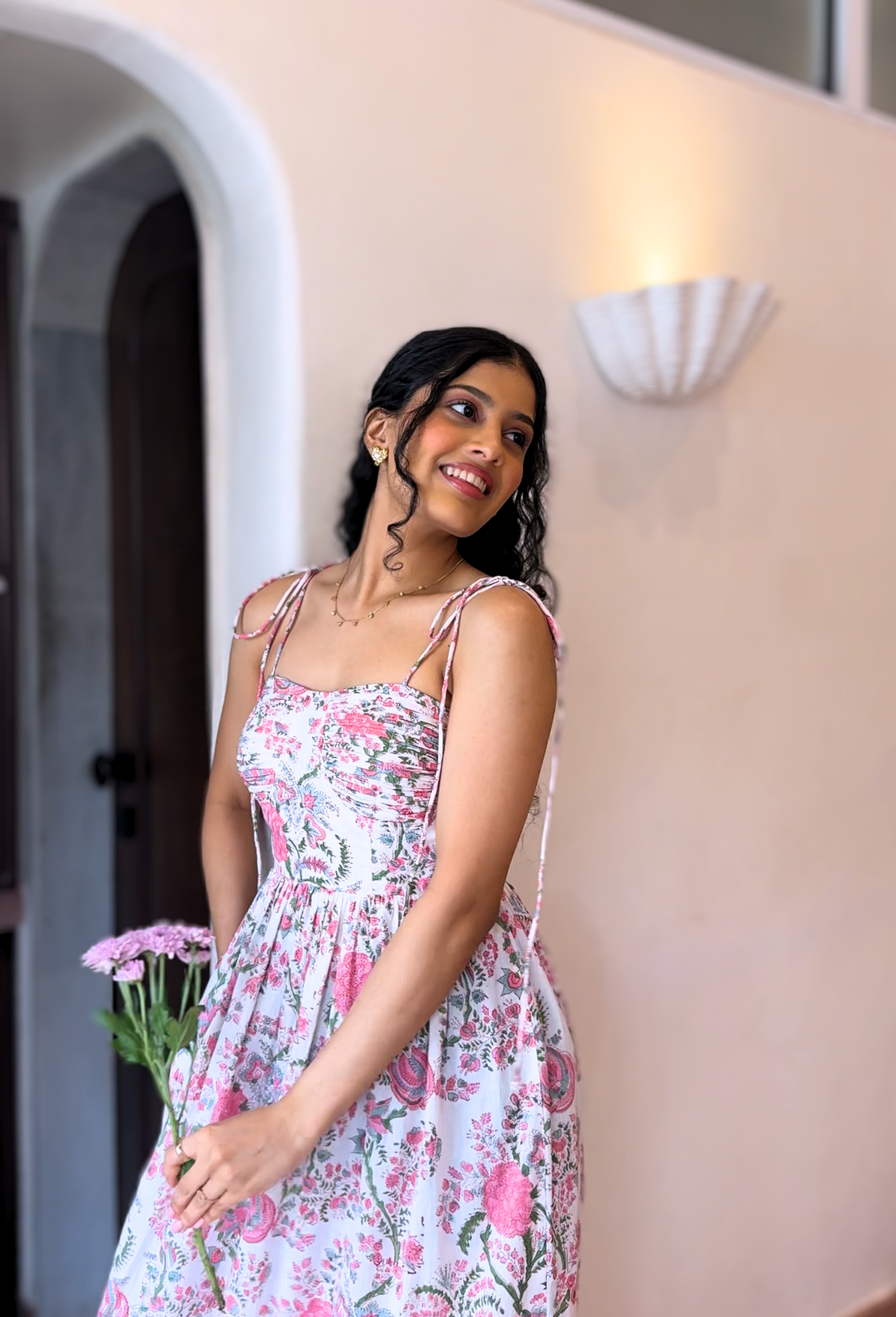 White and Pink Floral Maxi Dress With Pocket