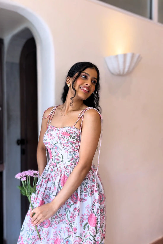 White and Pink Floral Maxi Dress With Pocket and Back Smocking AMARAA