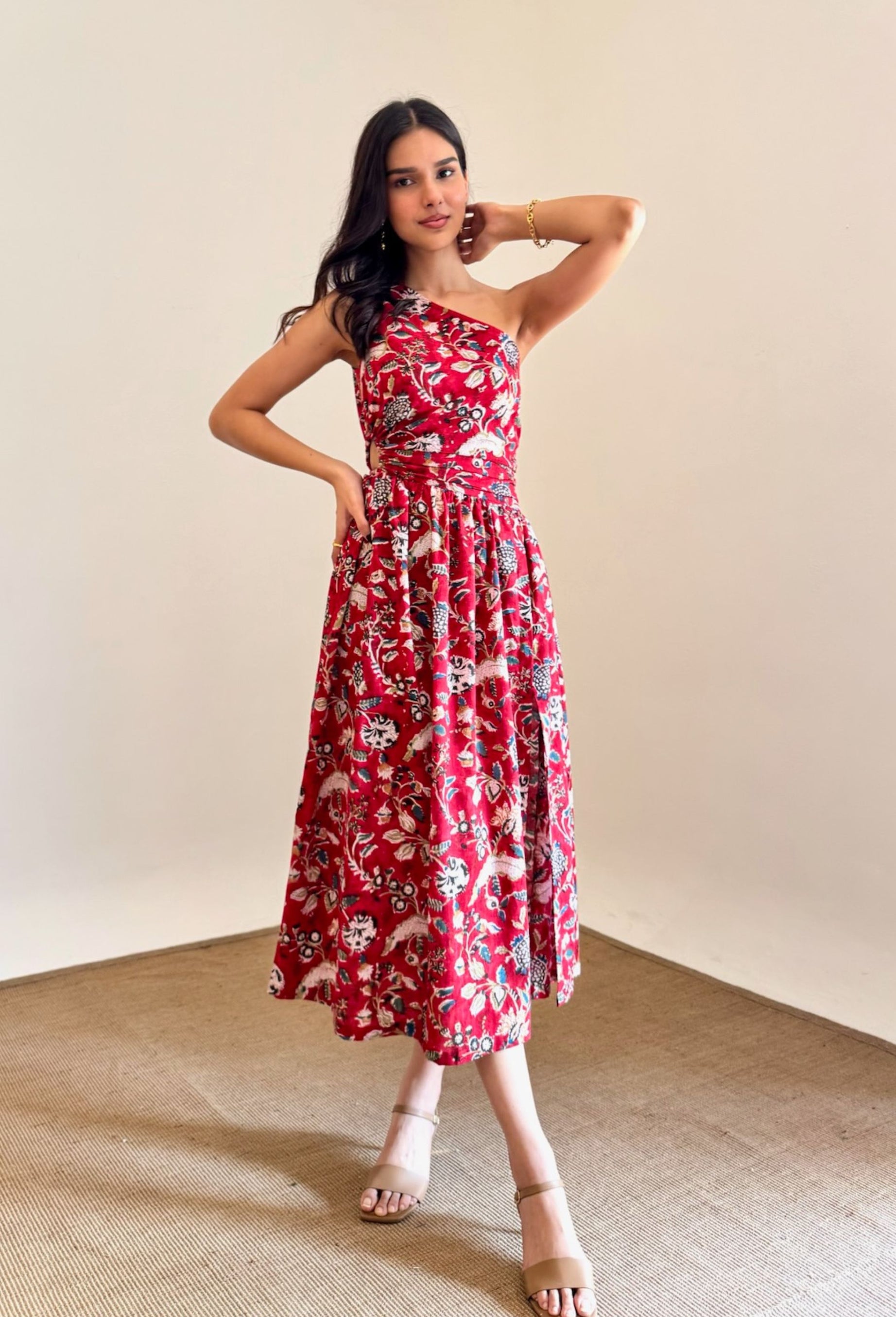 Asymmetrical Red Floral Slit Dress