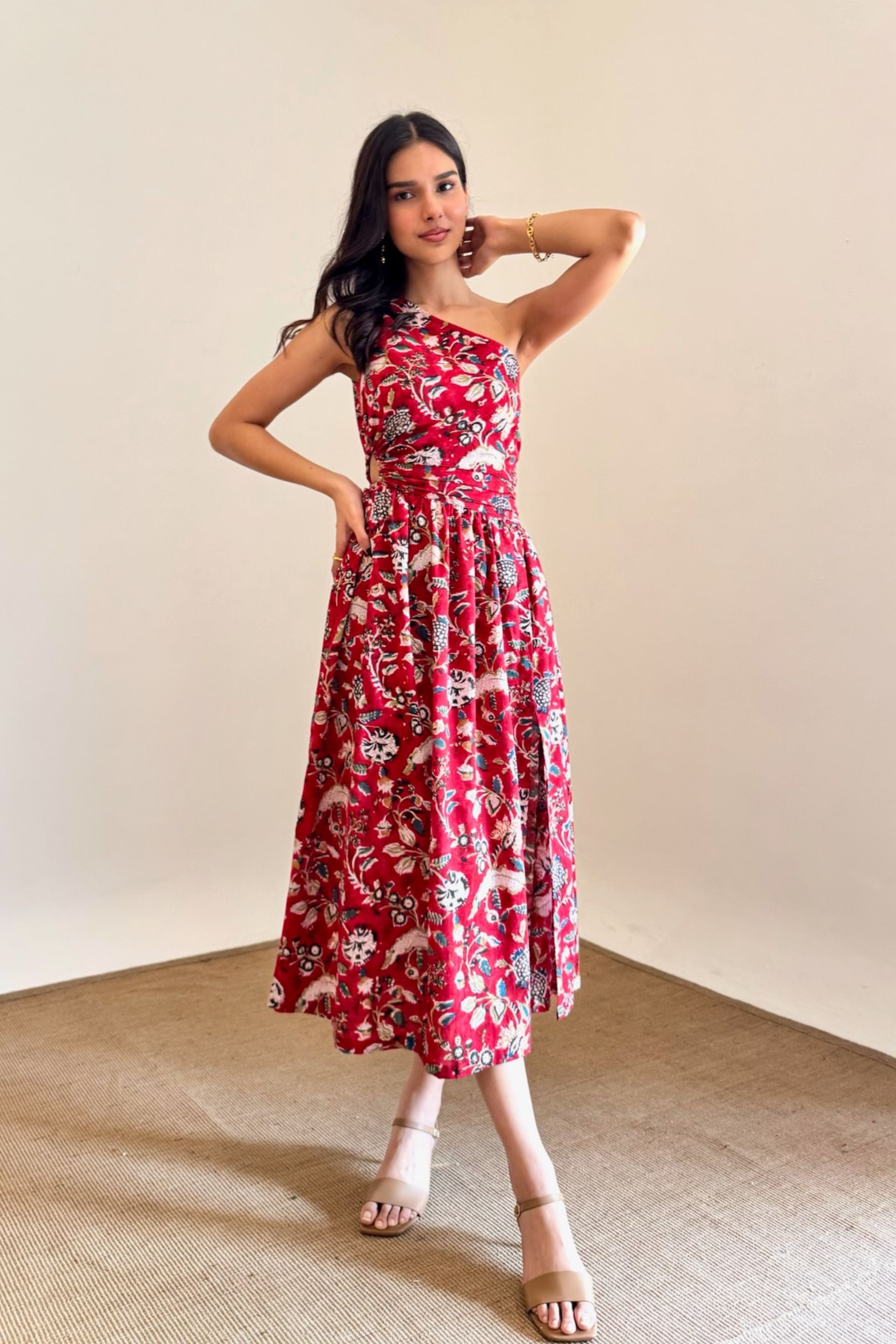 Asymmetrical Red Floral Slit Dress