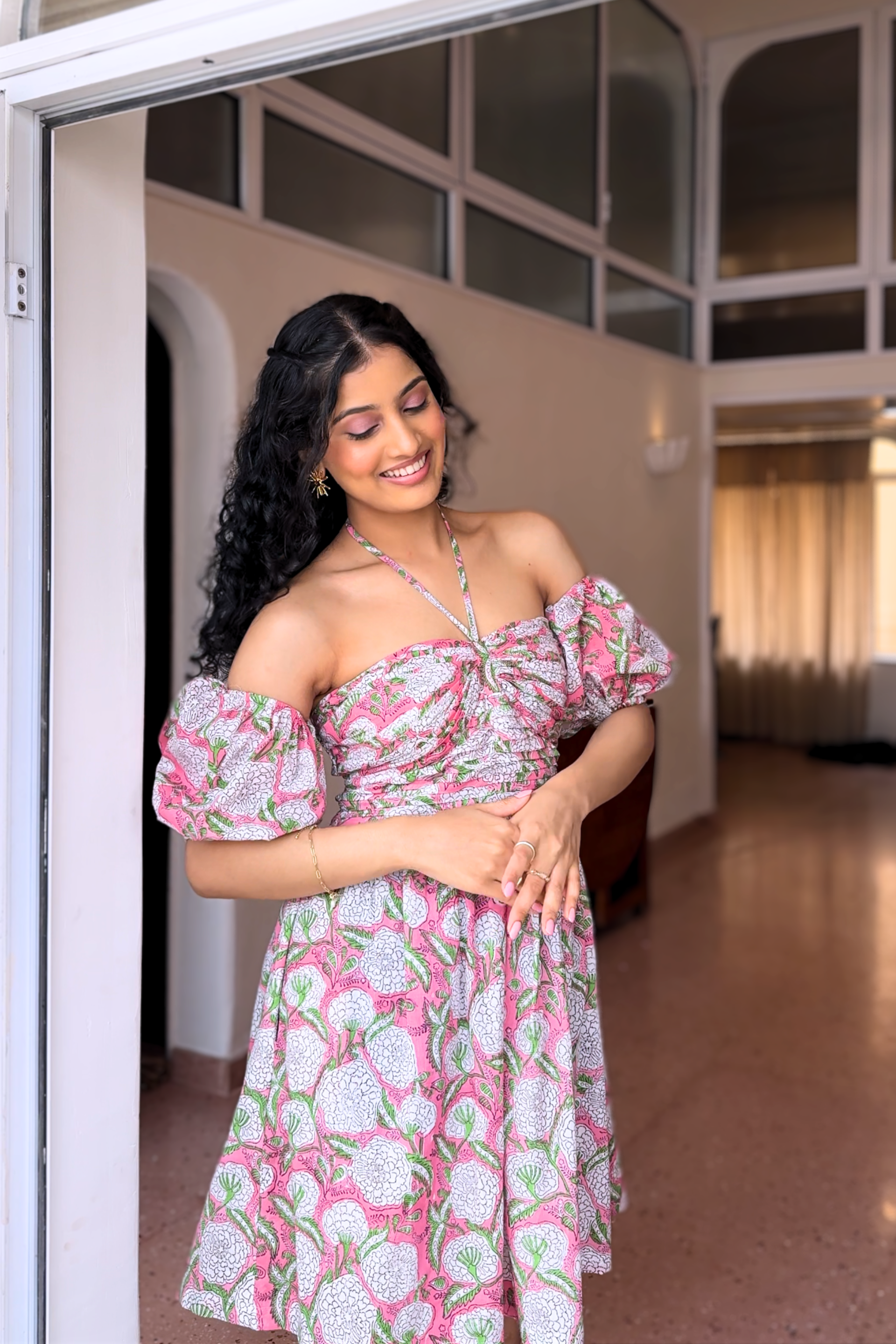 Halter Pink Hand Block Floral Print Dress With Detachable Sleeves