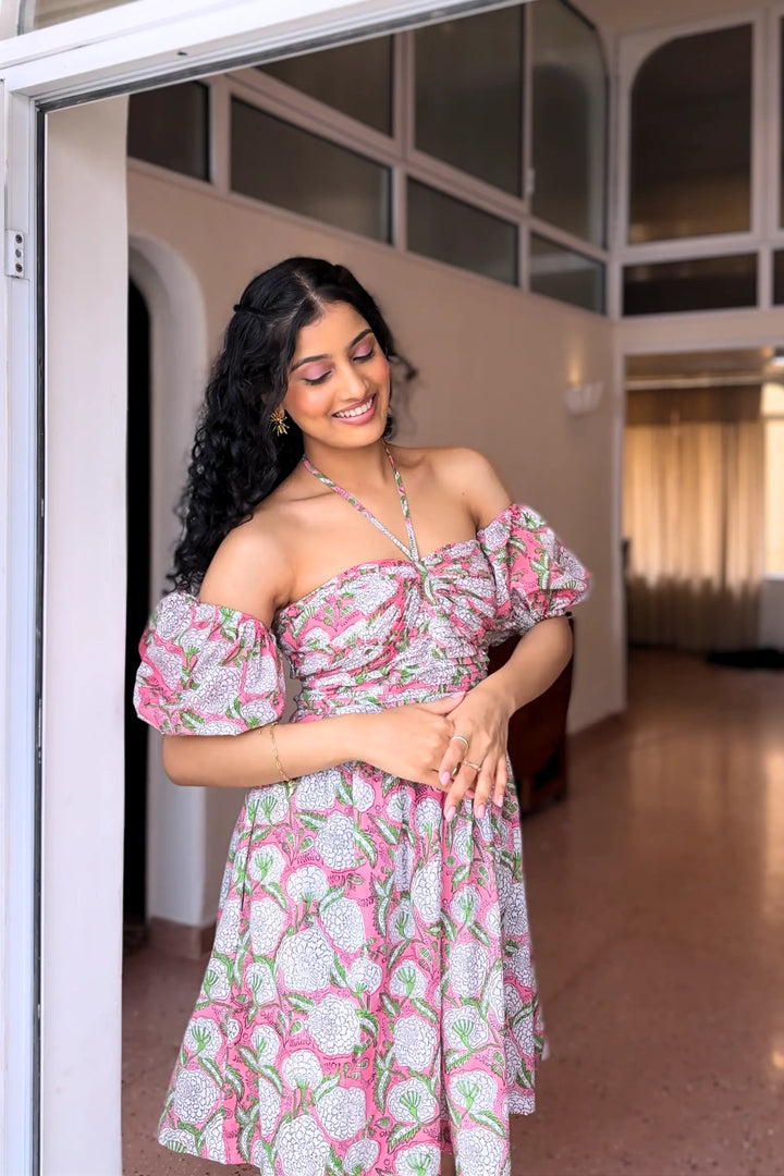 Halter Pink Hand Block Floral Print Short Dress With Detachable Sleeves RESORT'24