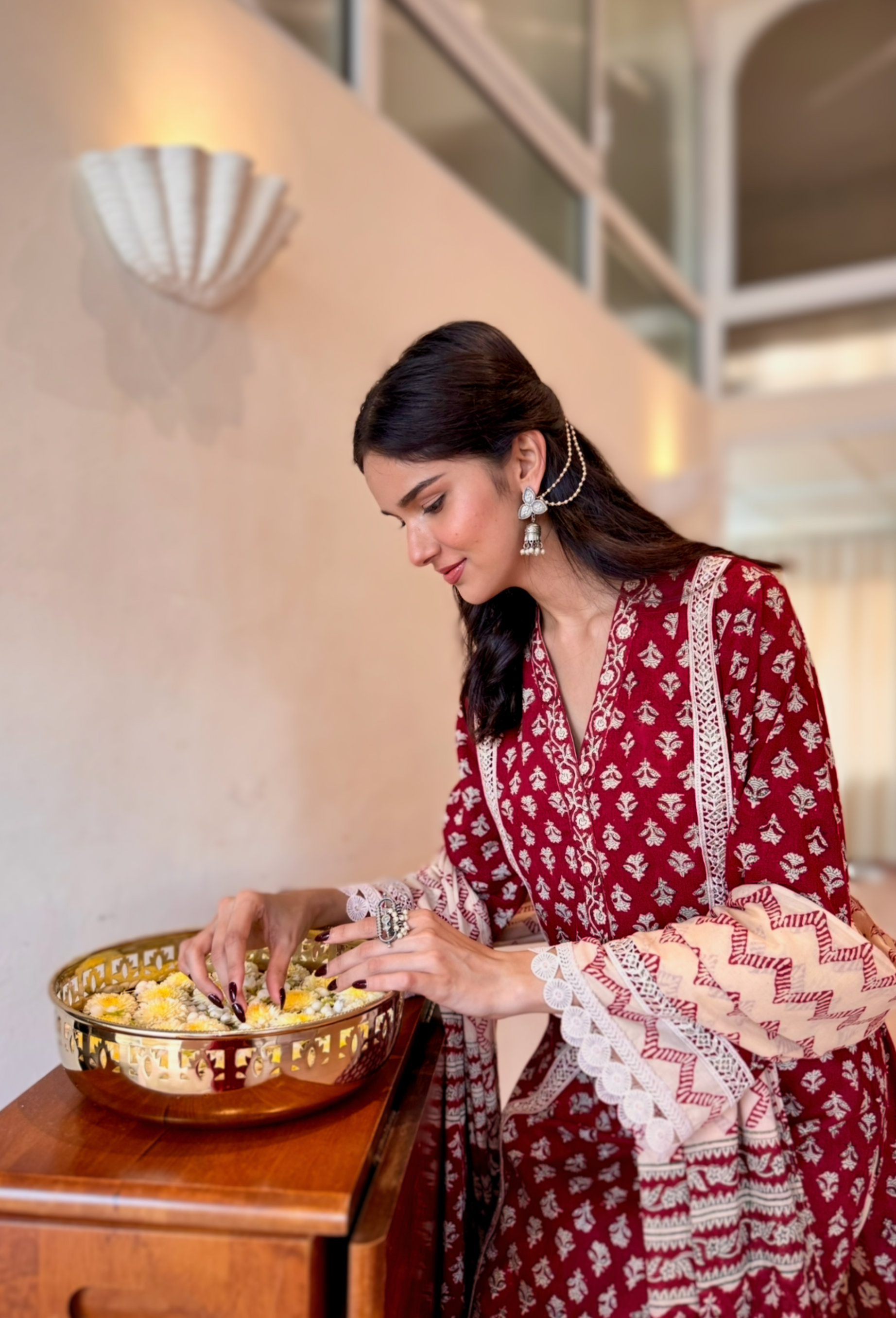 Red Kurta Set in Hand Block Print