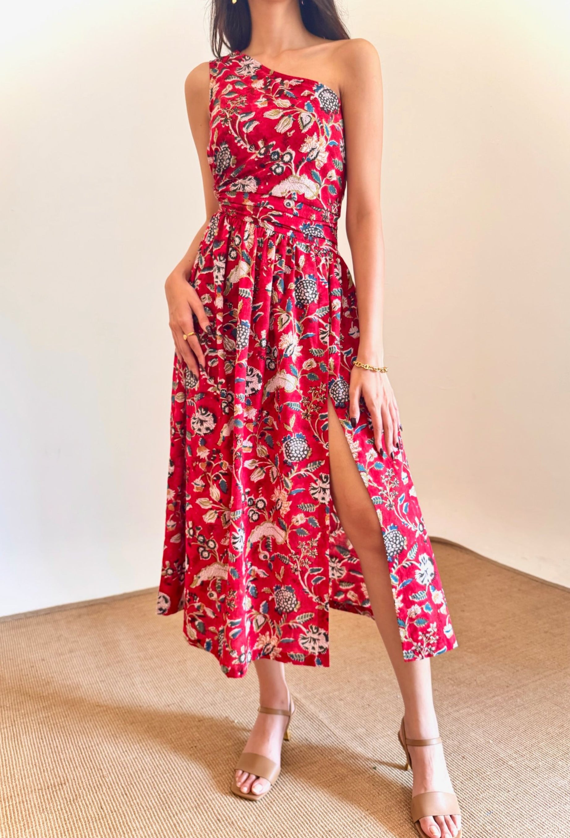Asymmetrical Red Floral Slit Dress