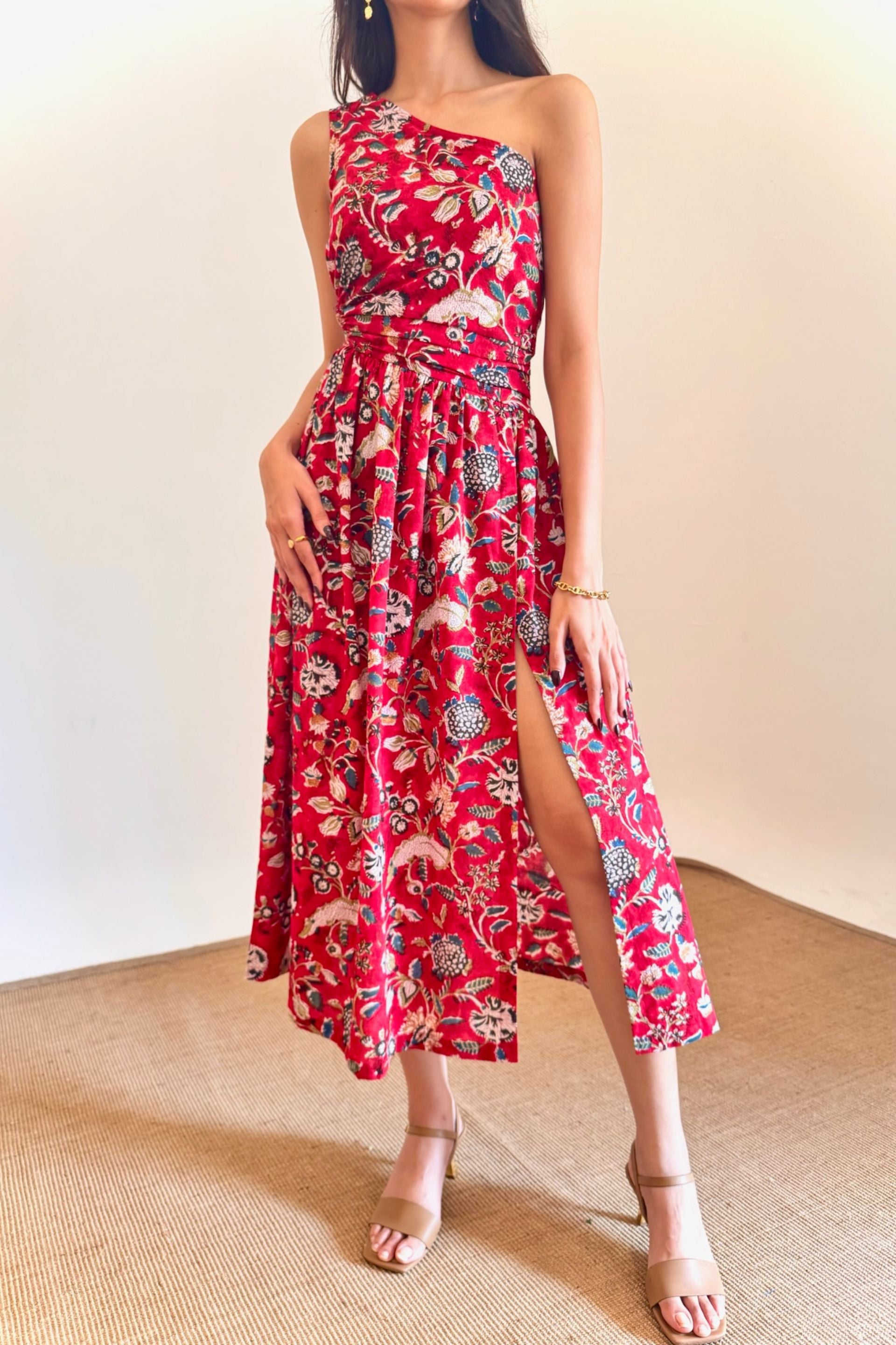 Asymmetrical Red Floral Slit Dress