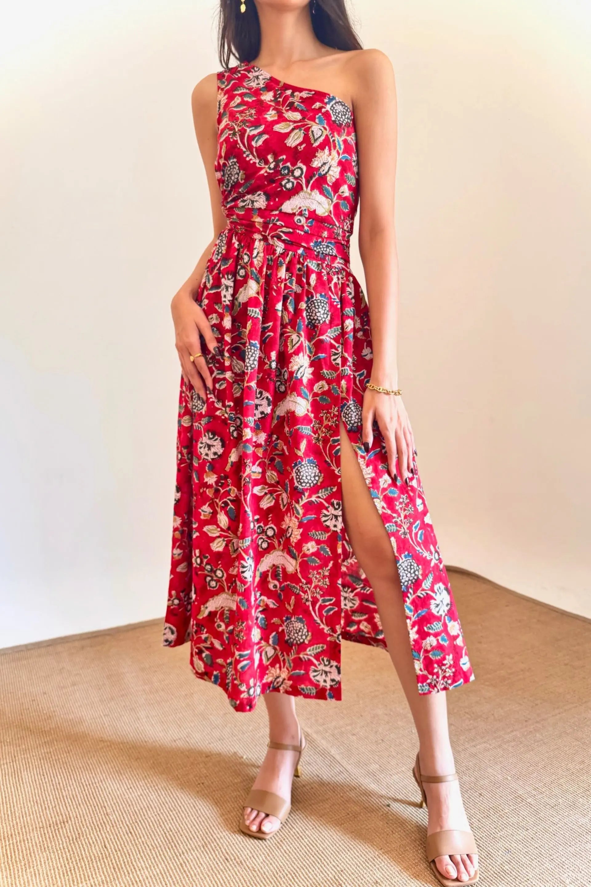 Asymmetrical Red Floral One Shoulder Maxi Dress with Slit LF-Collection