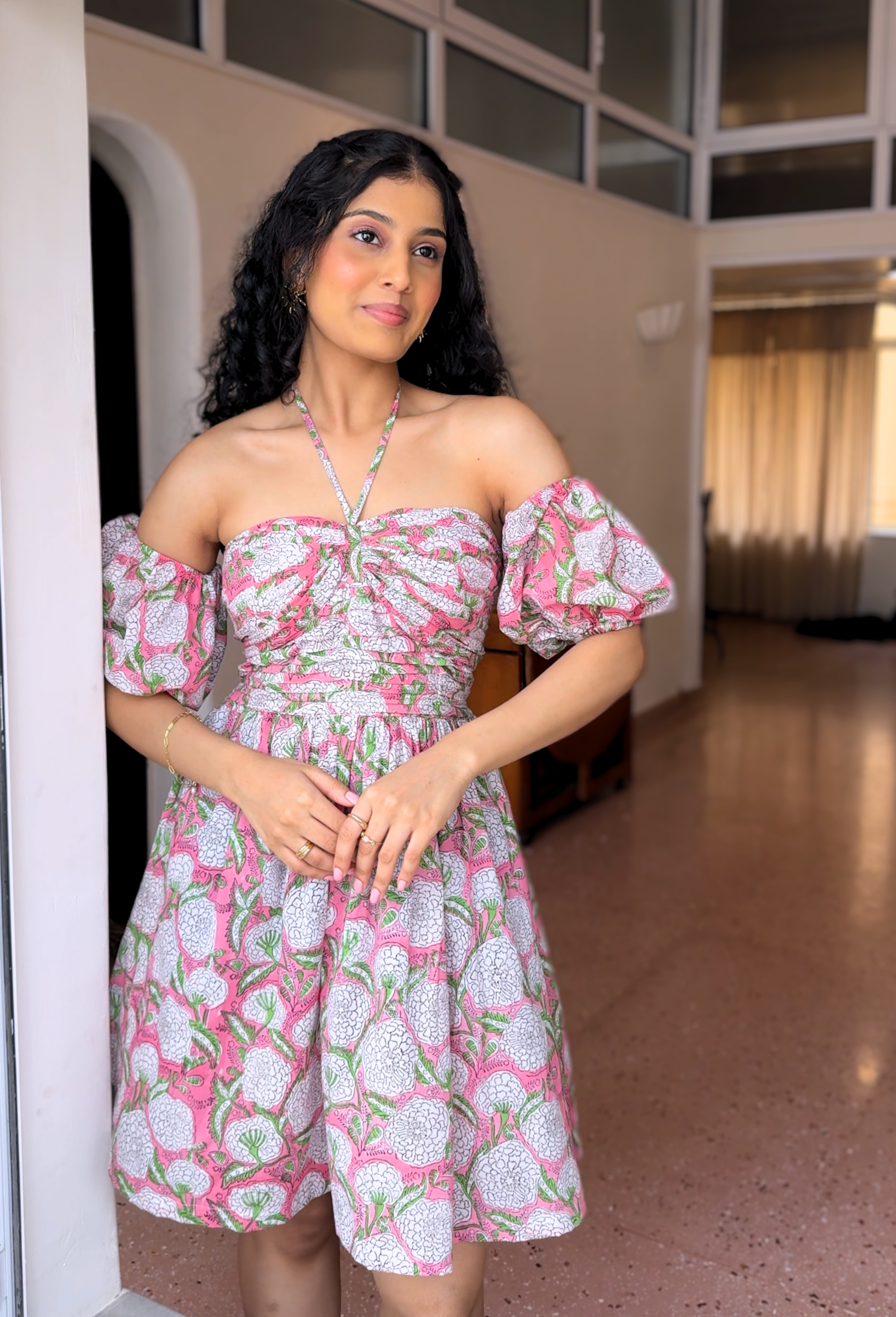 Halter Pink Hand Block Floral Print Dress With Detachable Sleeves