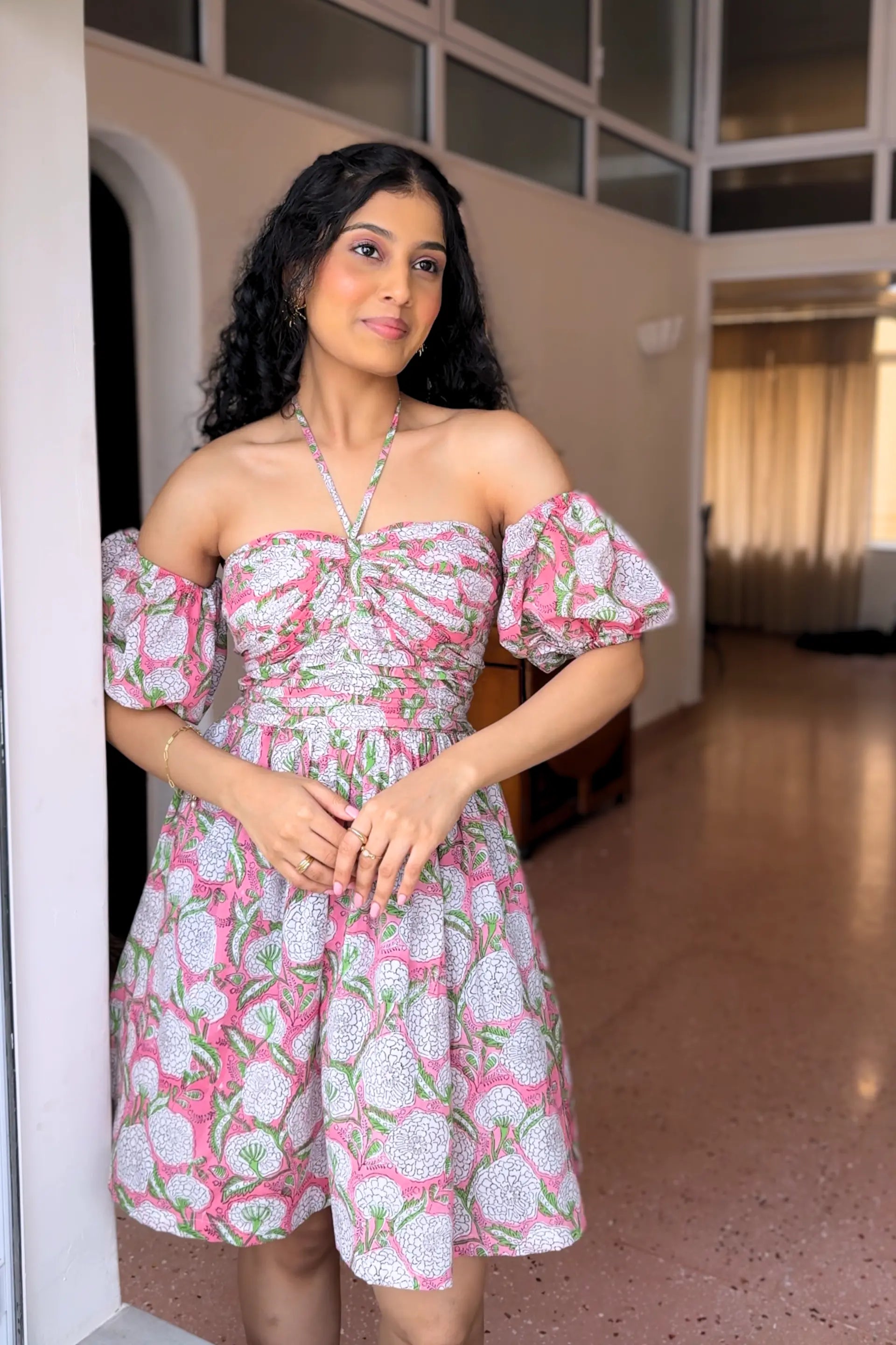 Halter Pink Hand Block Floral Print Short Dress With Detachable Sleeves RESORT'24