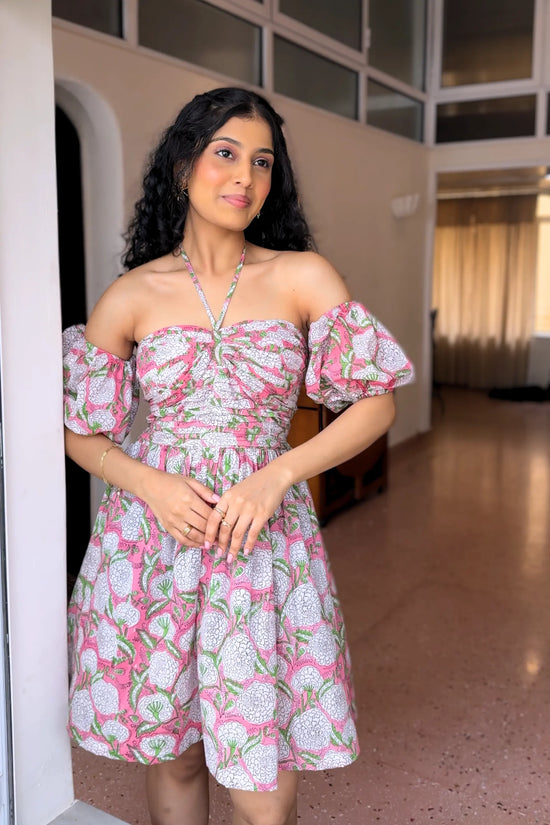 Halter Pink Hand Block Floral Print Short Dress With Detachable Sleeves RESORT'24