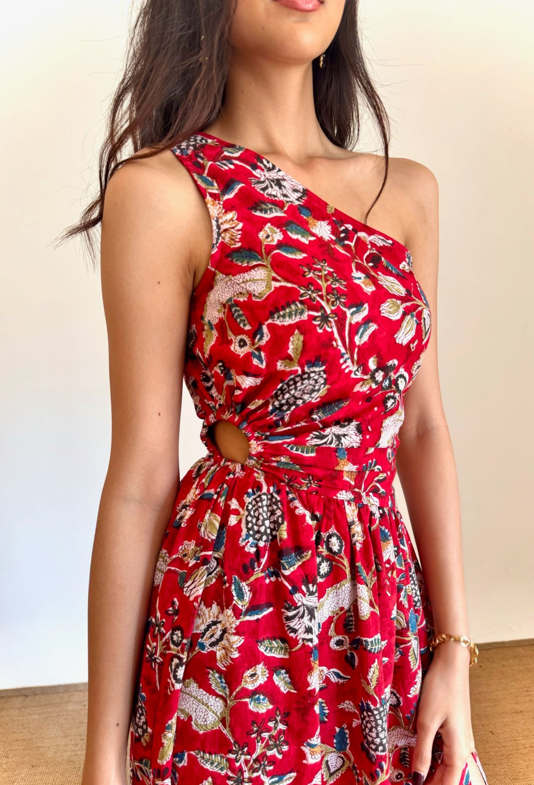 Asymmetrical Red Floral Slit Dress