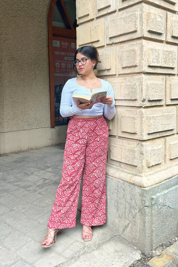 Maroon Red Hand Block Printed Pants AMARAA