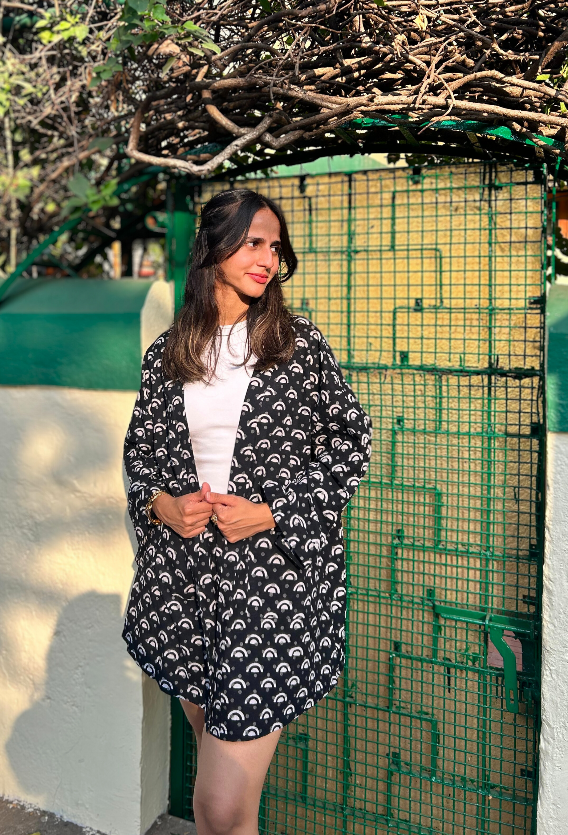 Cotton Hand-Block Geometric Printed Shrug And Shorts Set