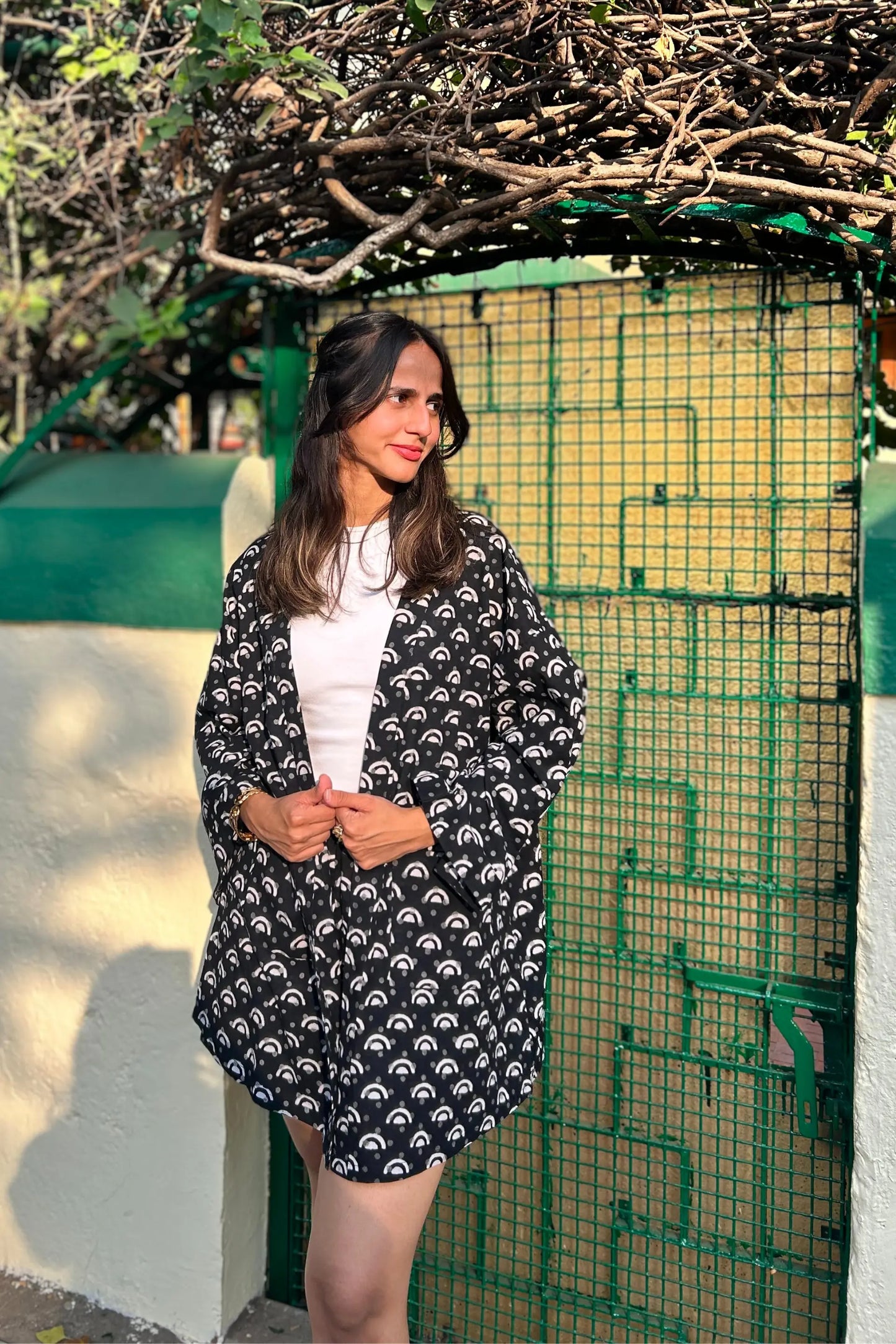 Black and White Cotton Hand-Block Geometric Printed Shrug And Shorts Set AMARAA