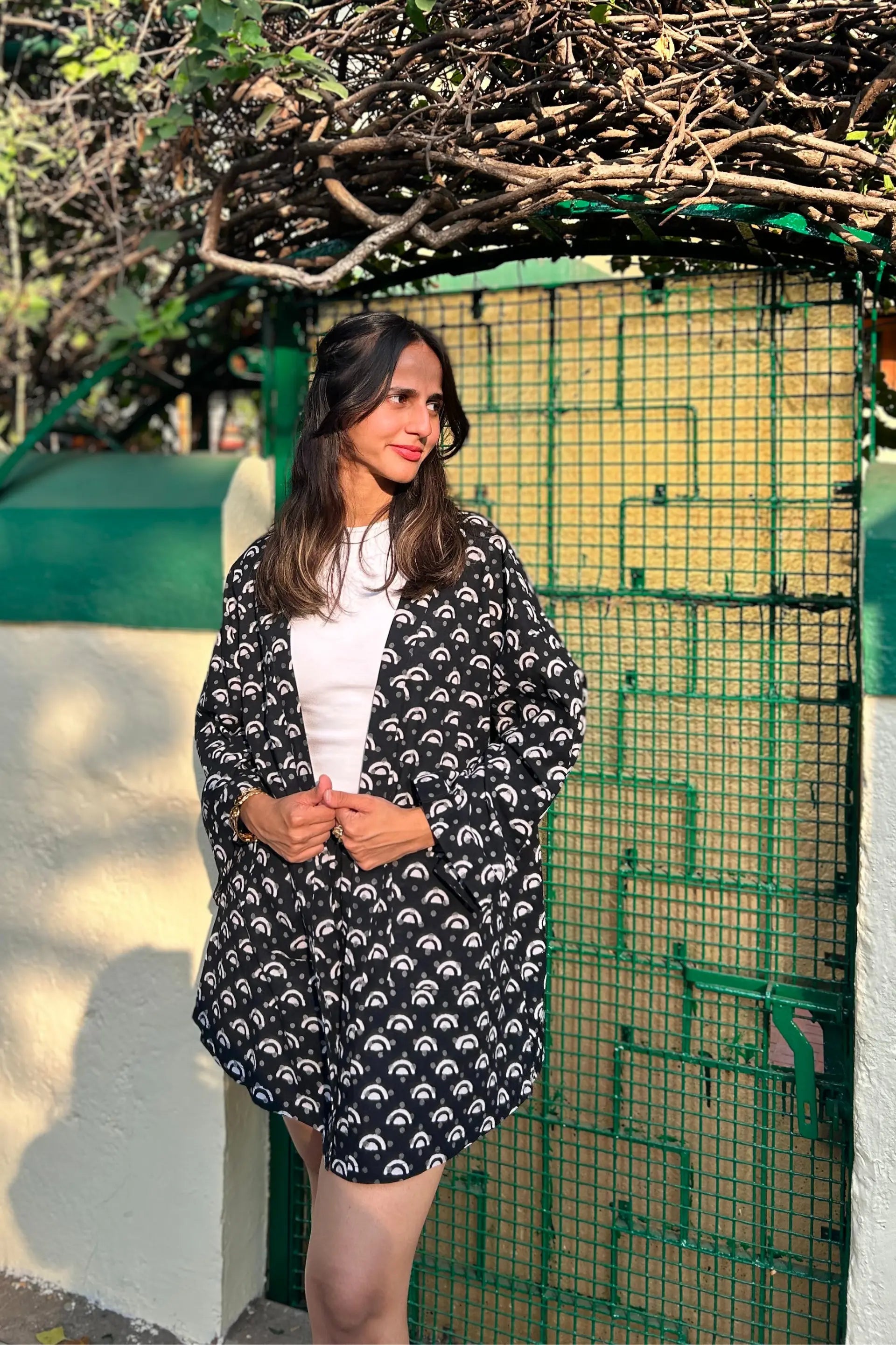 Black and White Cotton Hand-Block Geometric Printed Shrug And Shorts Set AMARAA