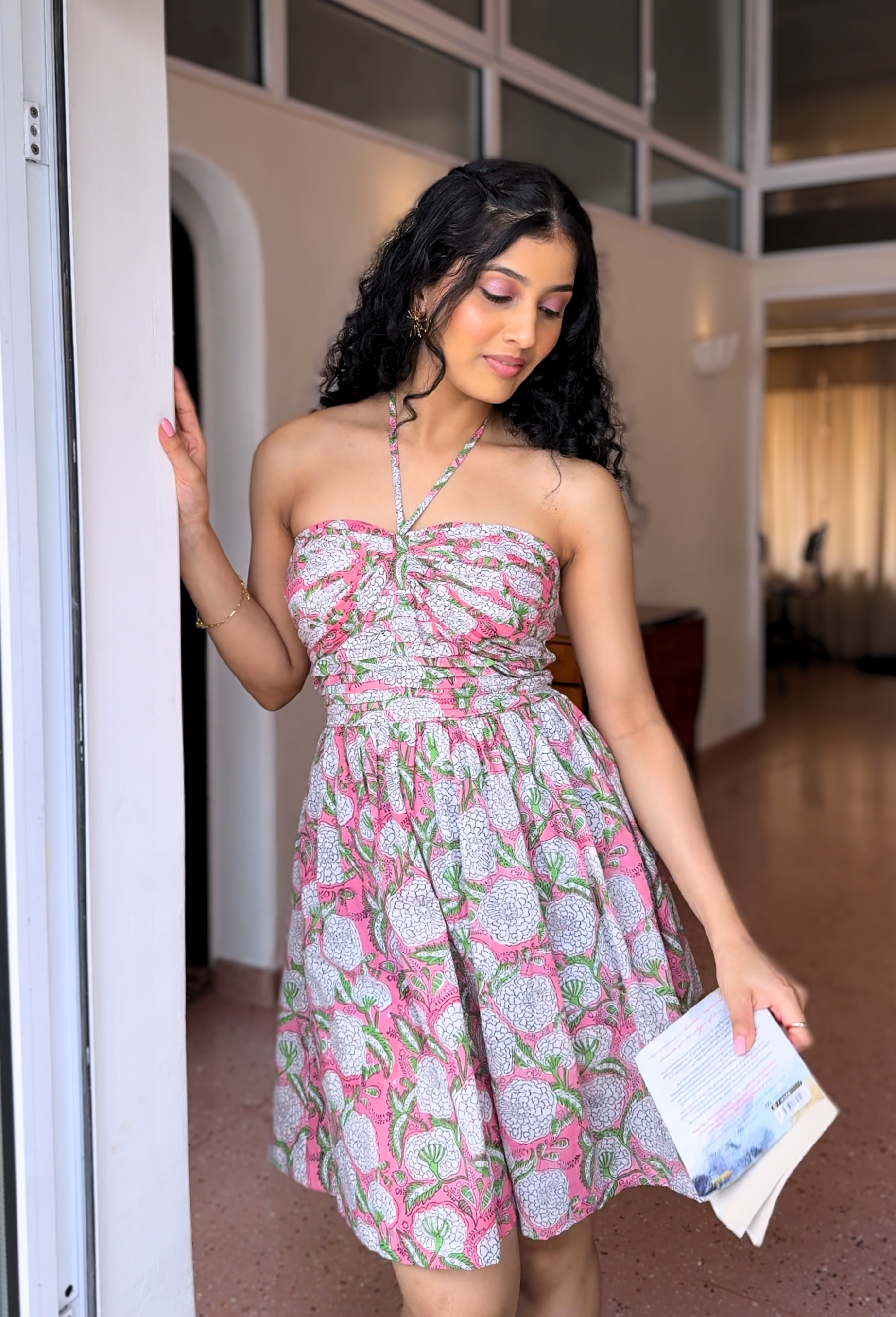 Halter Pink Hand Block Floral Print Dress With Detachable Sleeves