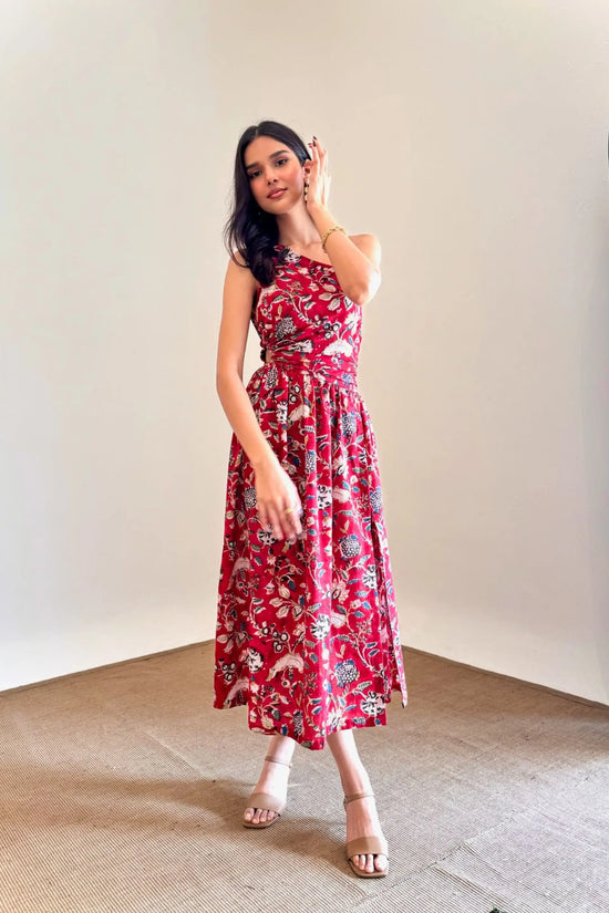 Asymmetrical Red Floral One Shoulder Maxi Dress with Slit