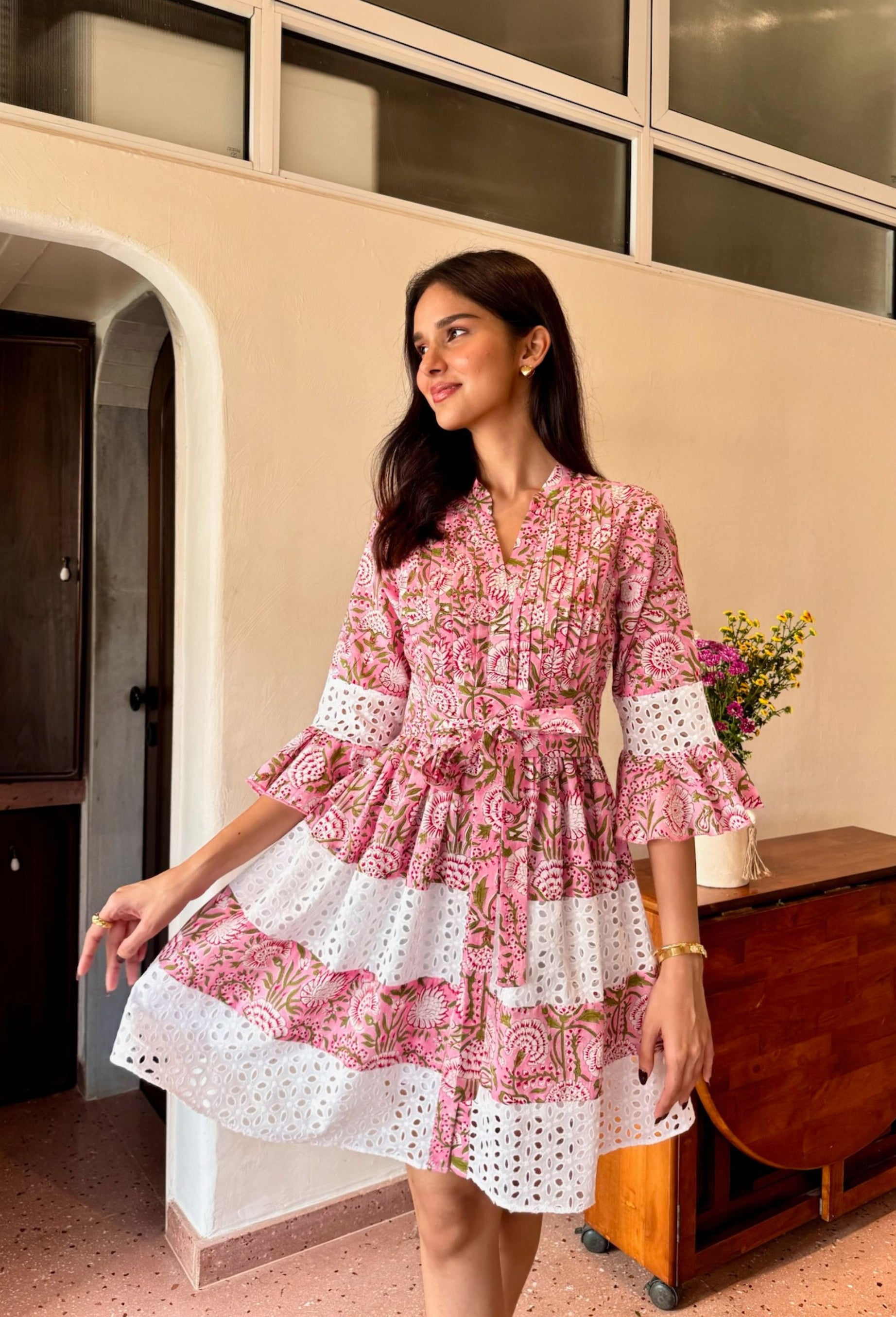 Pink & White Floral Printed Shiffli Cotton Dress