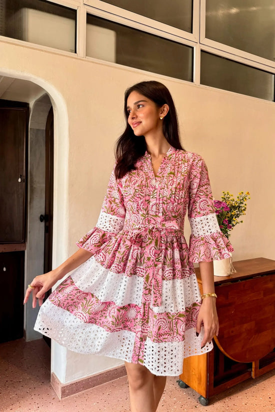 Pink & White Floral Printed Shiffli Cotton Short Dress LF-Collection