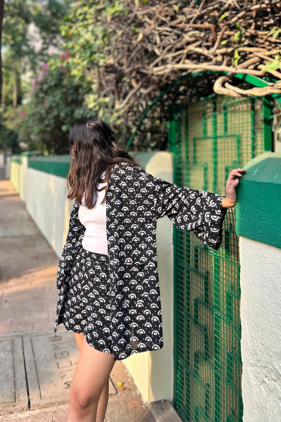Black and White Cotton Hand-Block Geometric Printed Shrug And Shorts Set AMARAA