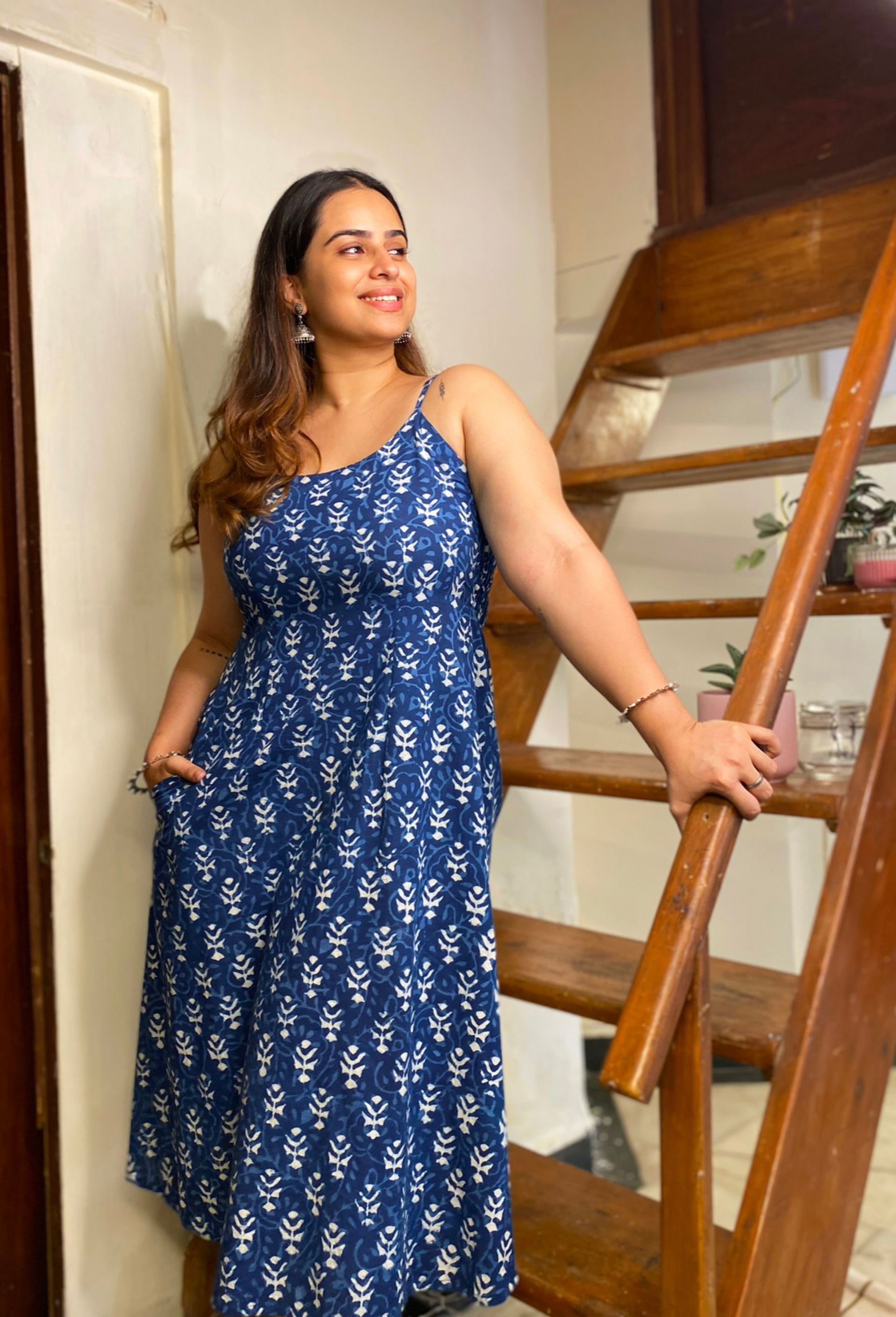 A-Line Indigo Block Print Cotton Dress with A Pocket