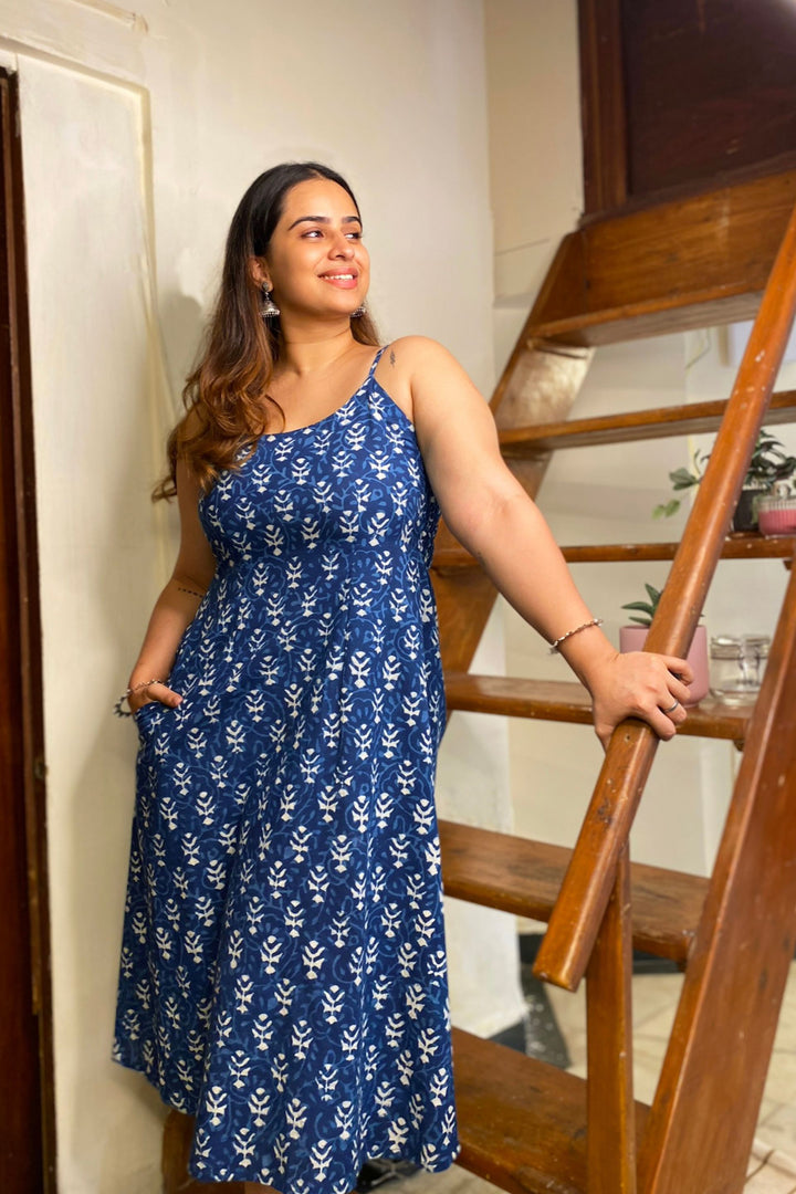 A-Line Indigo Block Print Cotton Dress with A Pocket AMARAA