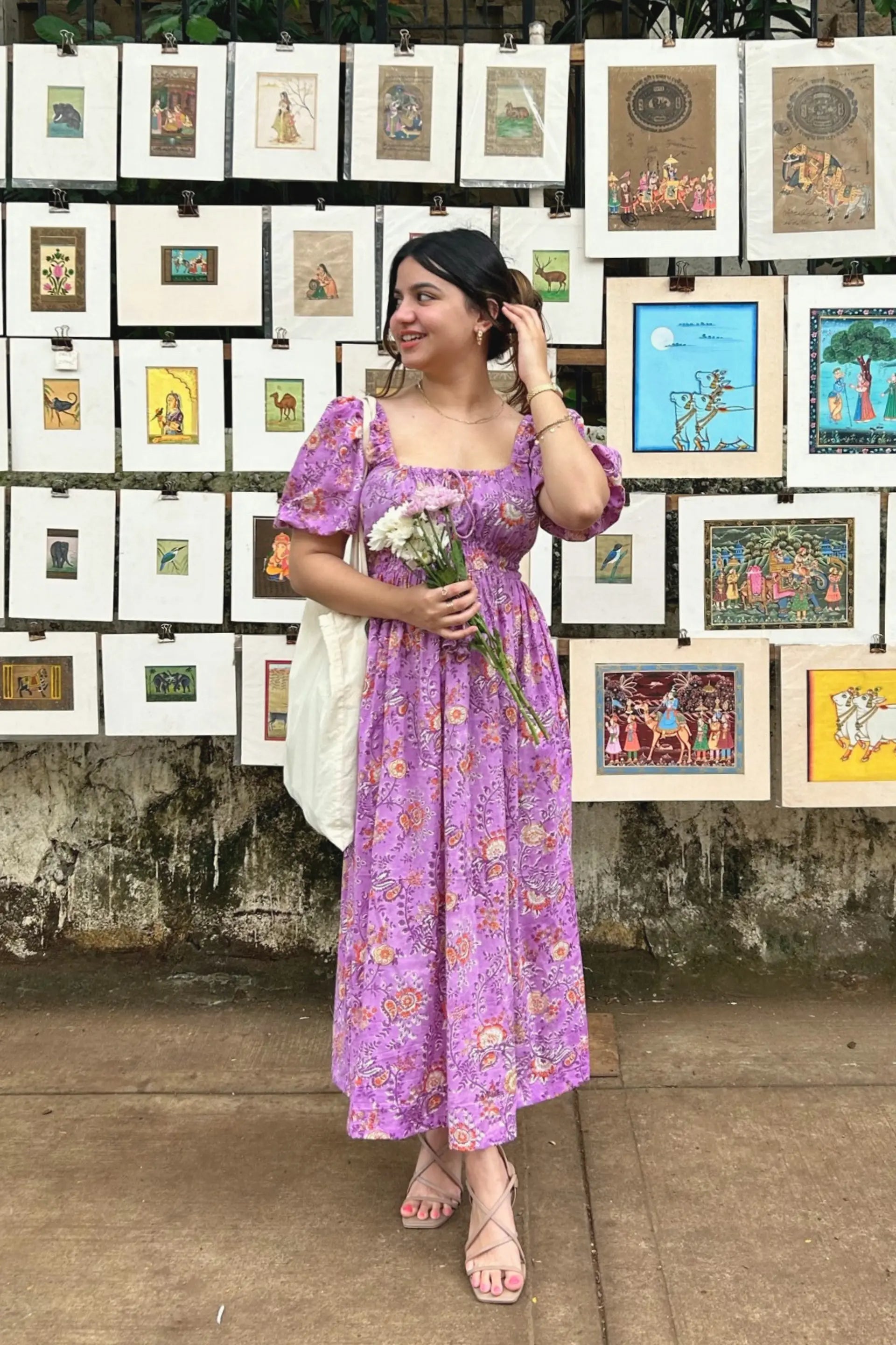 Lilac Floral Puff Sleeve Maxi Cotton Dress with Pocket AMARAA