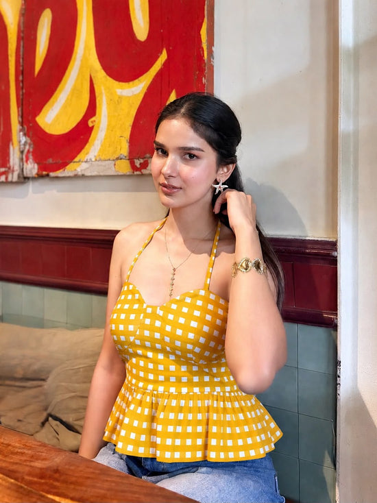 Mustard Yellow & White Checkered Cotton Halter Top with Tie-Up & Smocking