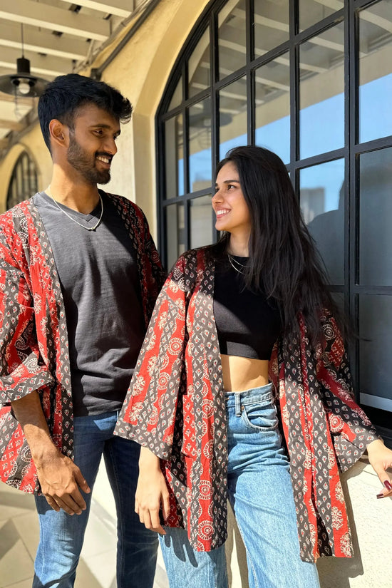 Free-size Unisex Patchword Ajrak Print Black and Red Shrug AMARAA