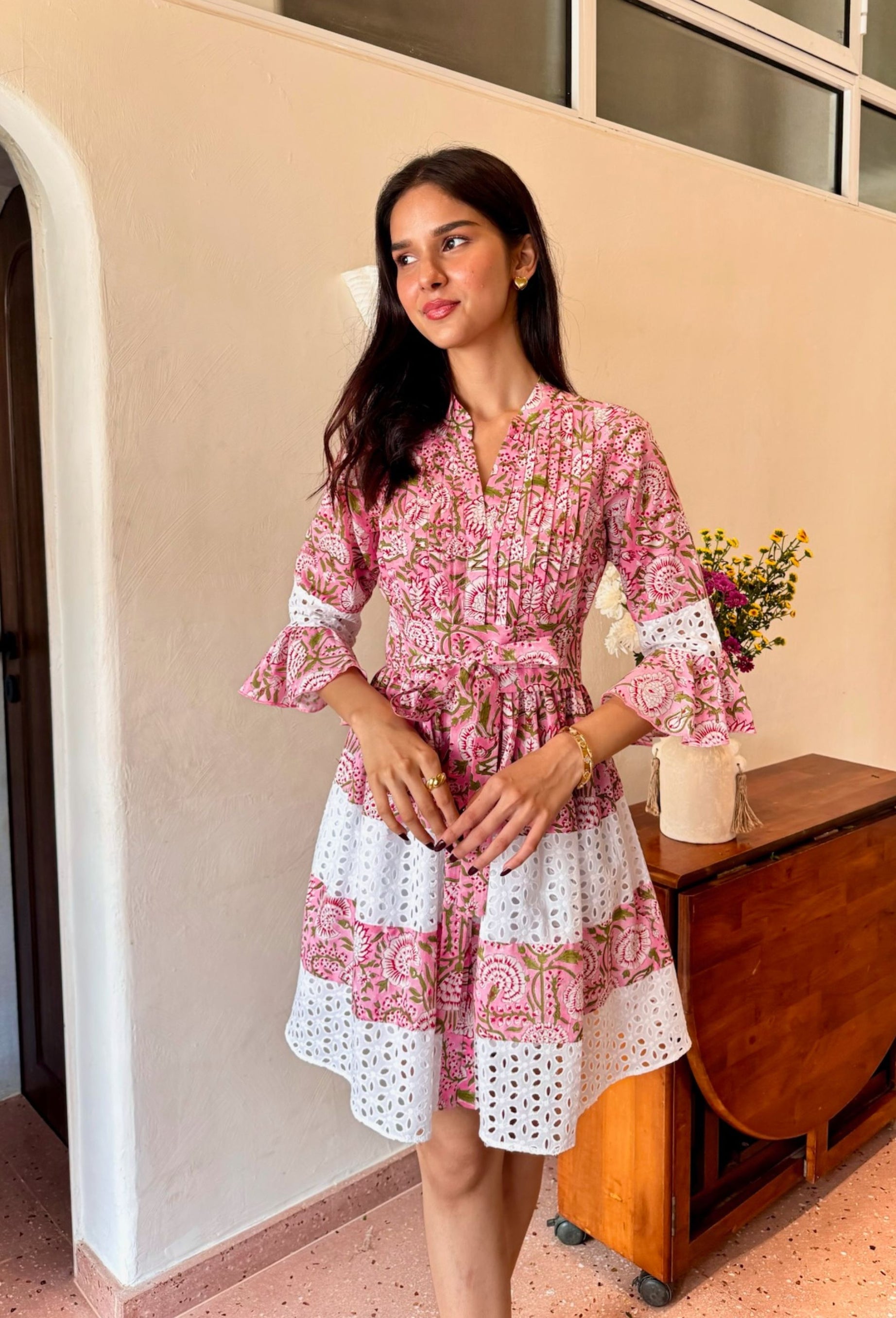 Pink & White Floral Printed Shiffli Cotton Dress