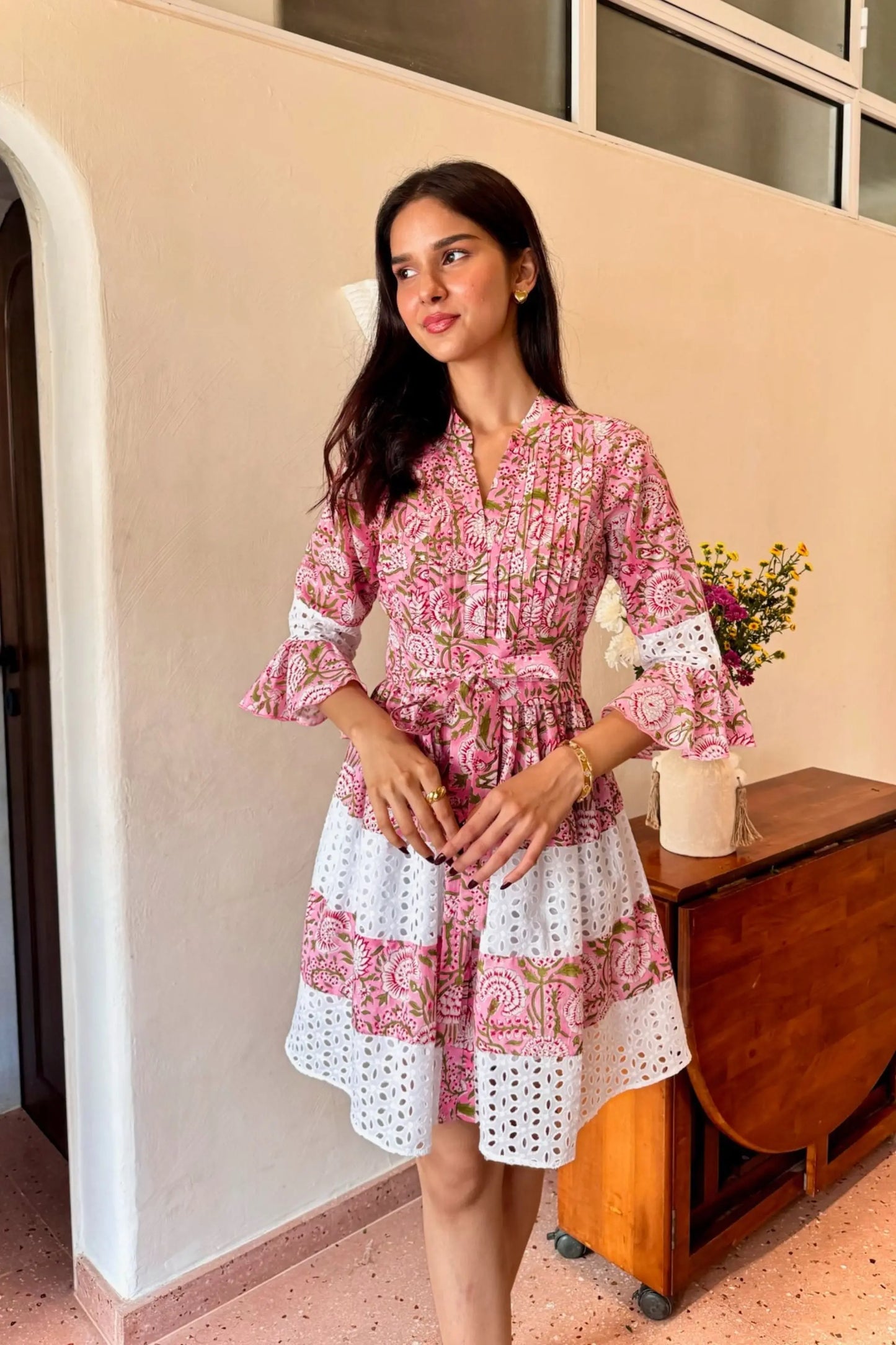 Pink & White Floral Printed Shiffli Cotton Short Dress LF-Collection