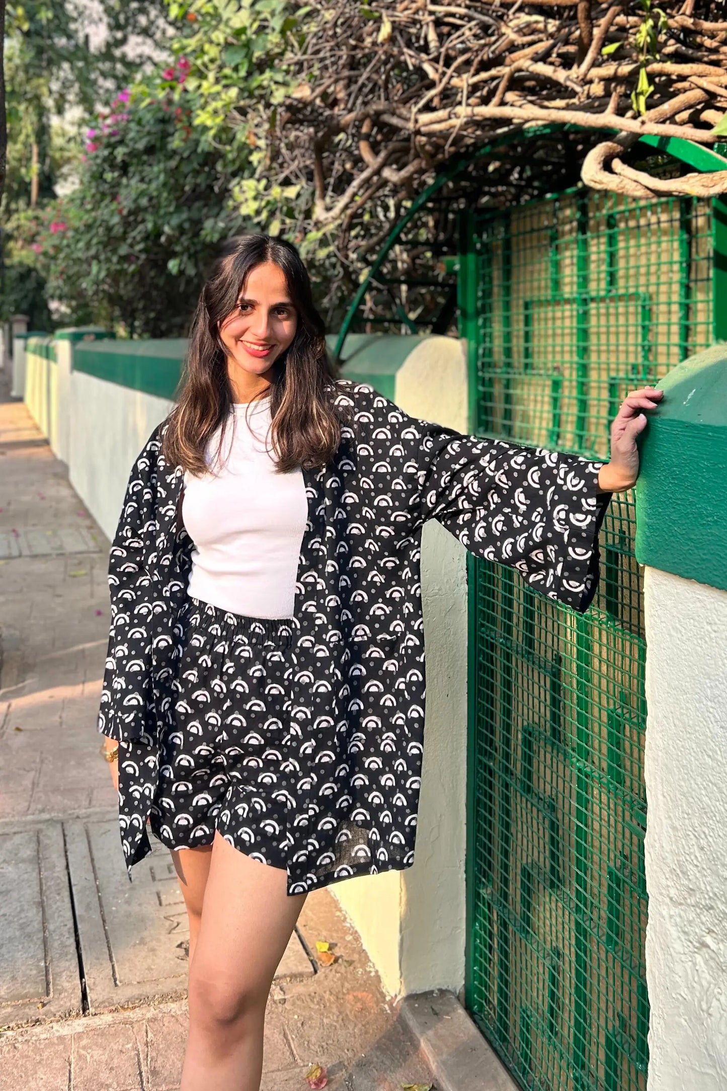 Black and White Cotton Hand-Block Geometric Printed Shrug And Shorts Set AMARAA