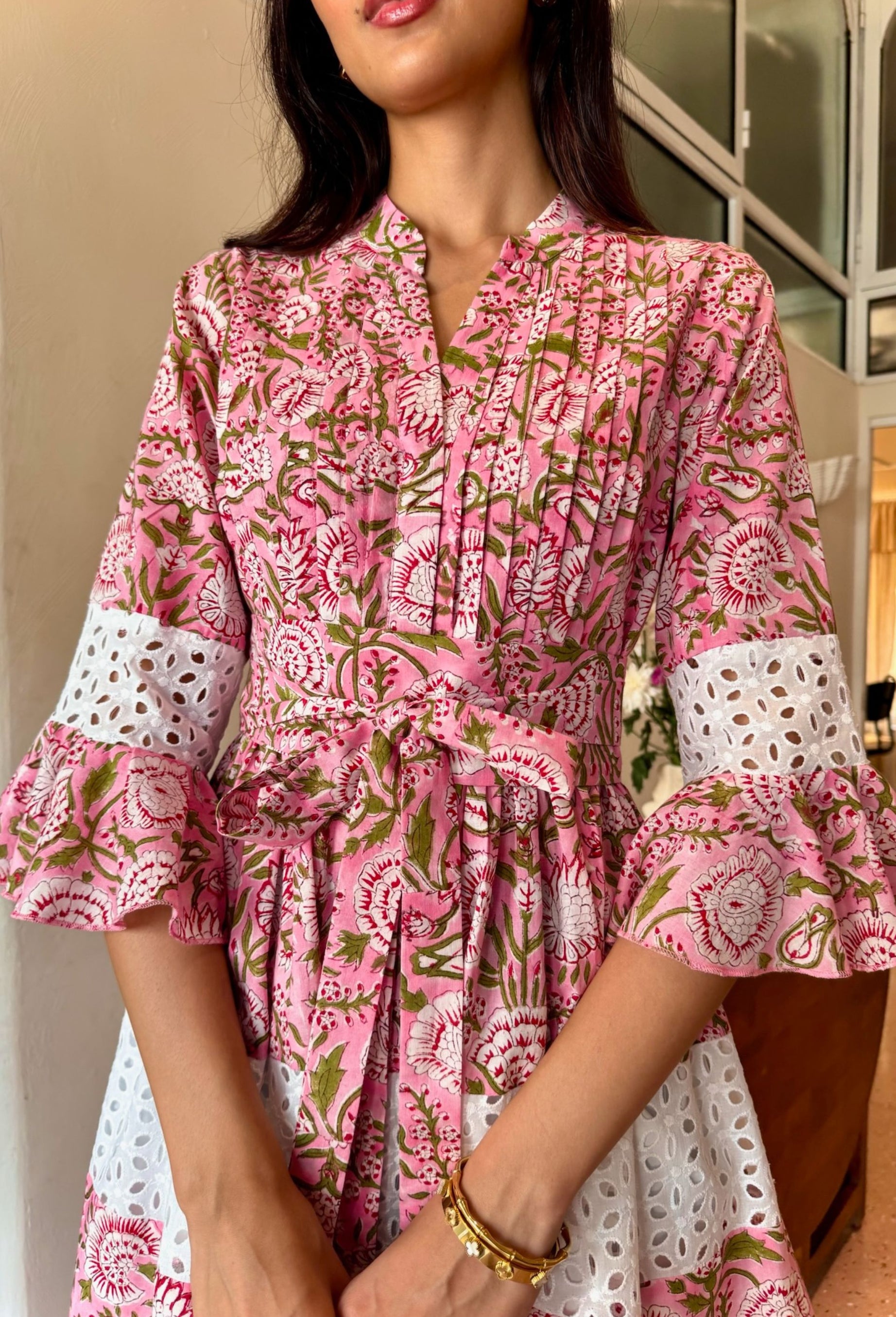 Pink & White Floral Printed Shiffli Cotton Dress