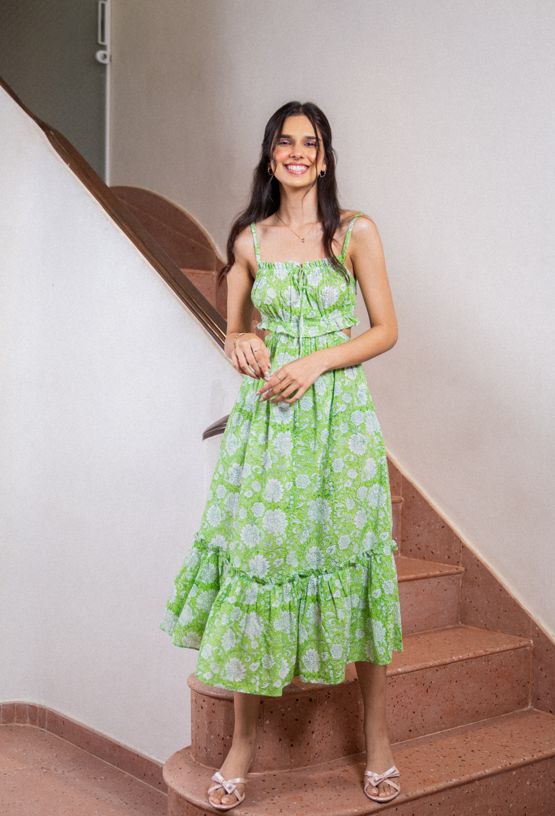 Green Hand Block Floral Print Cotton Dress with Pocket