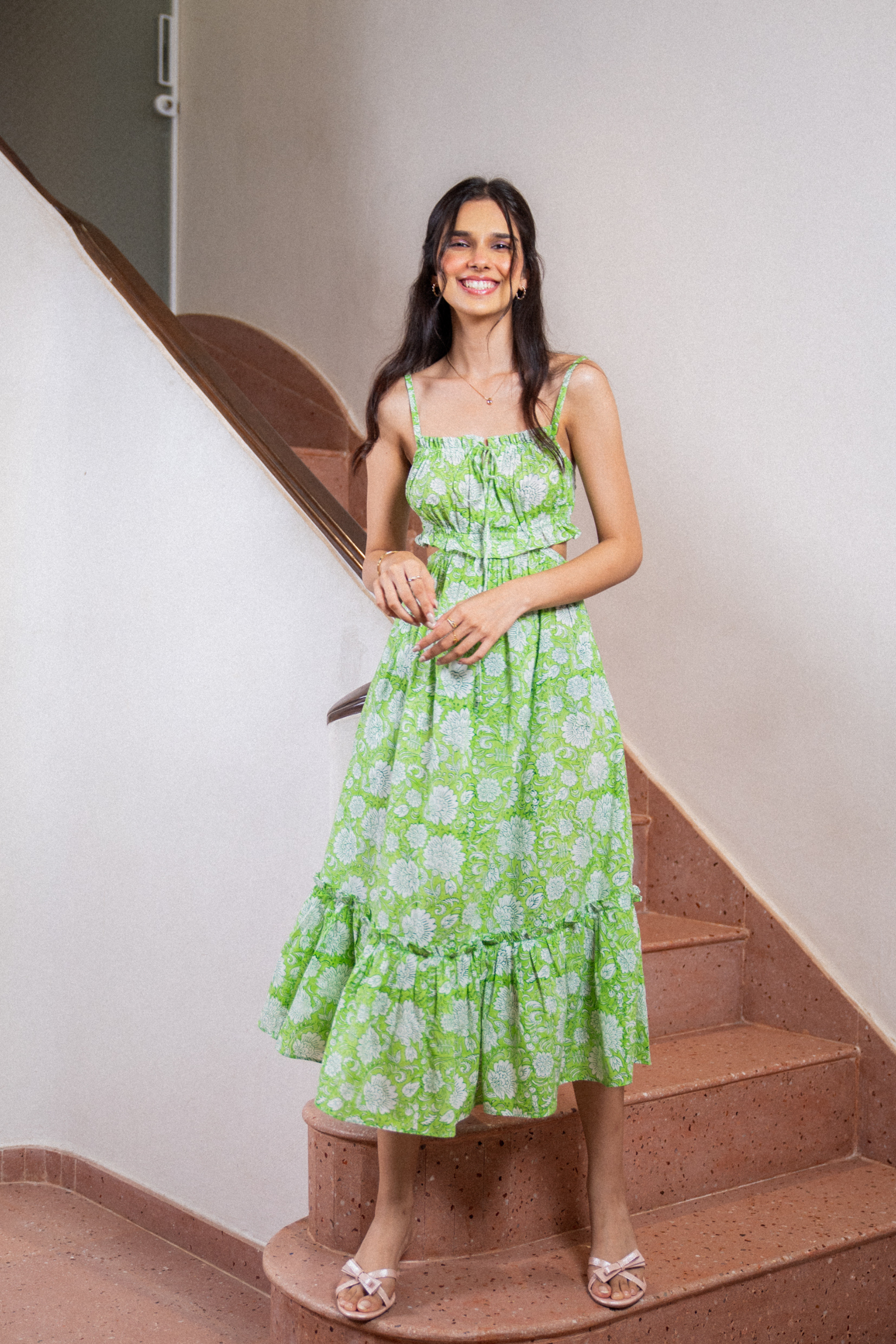 Green Hand Block Floral Print Cotton Dress with Pocket