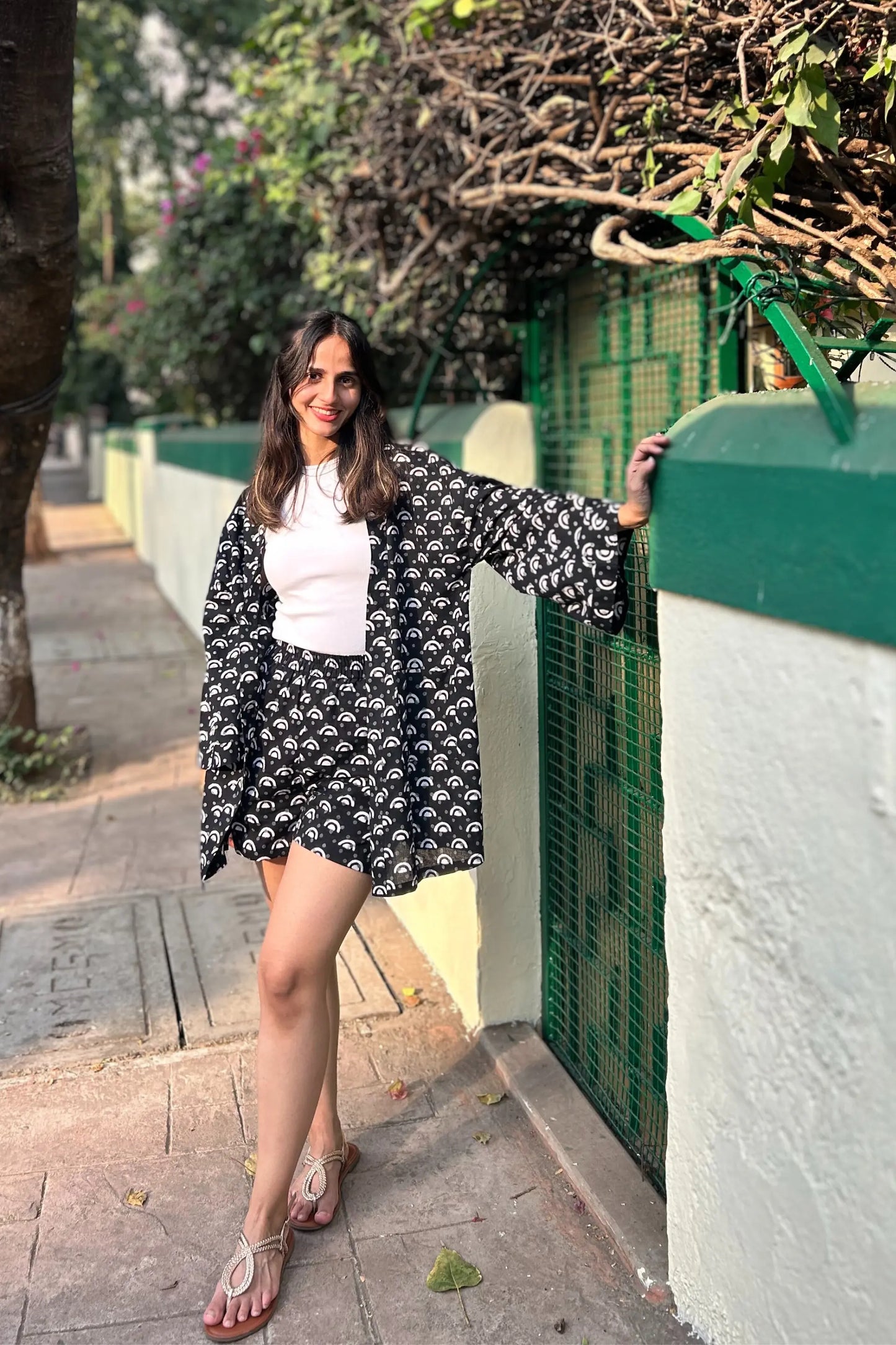 Black and White Cotton Hand-Block Geometric Printed Shrug And Shorts Set AMARAA