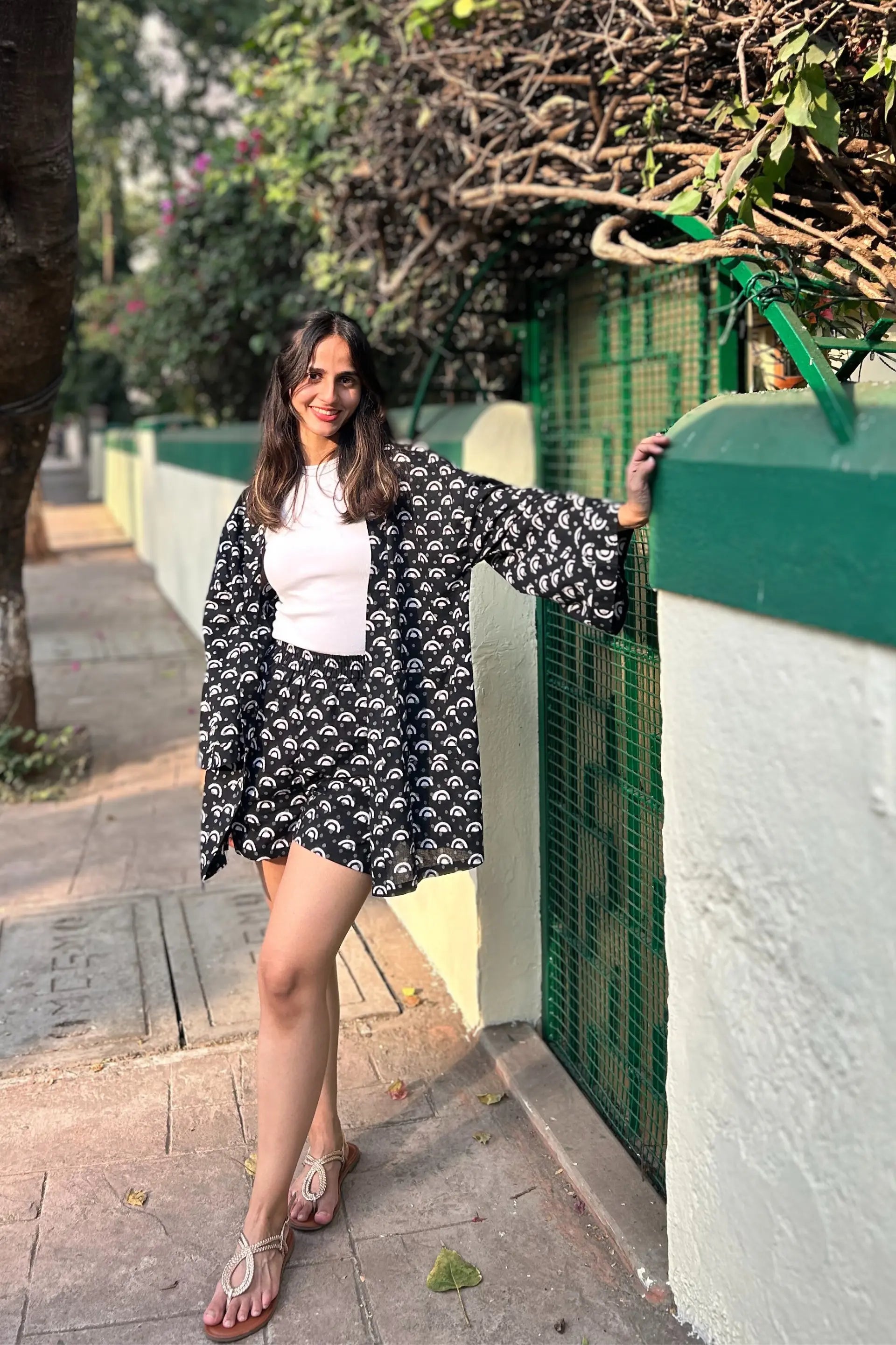 Black and White Cotton Hand-Block Geometric Printed Shrug And Shorts Set AMARAA