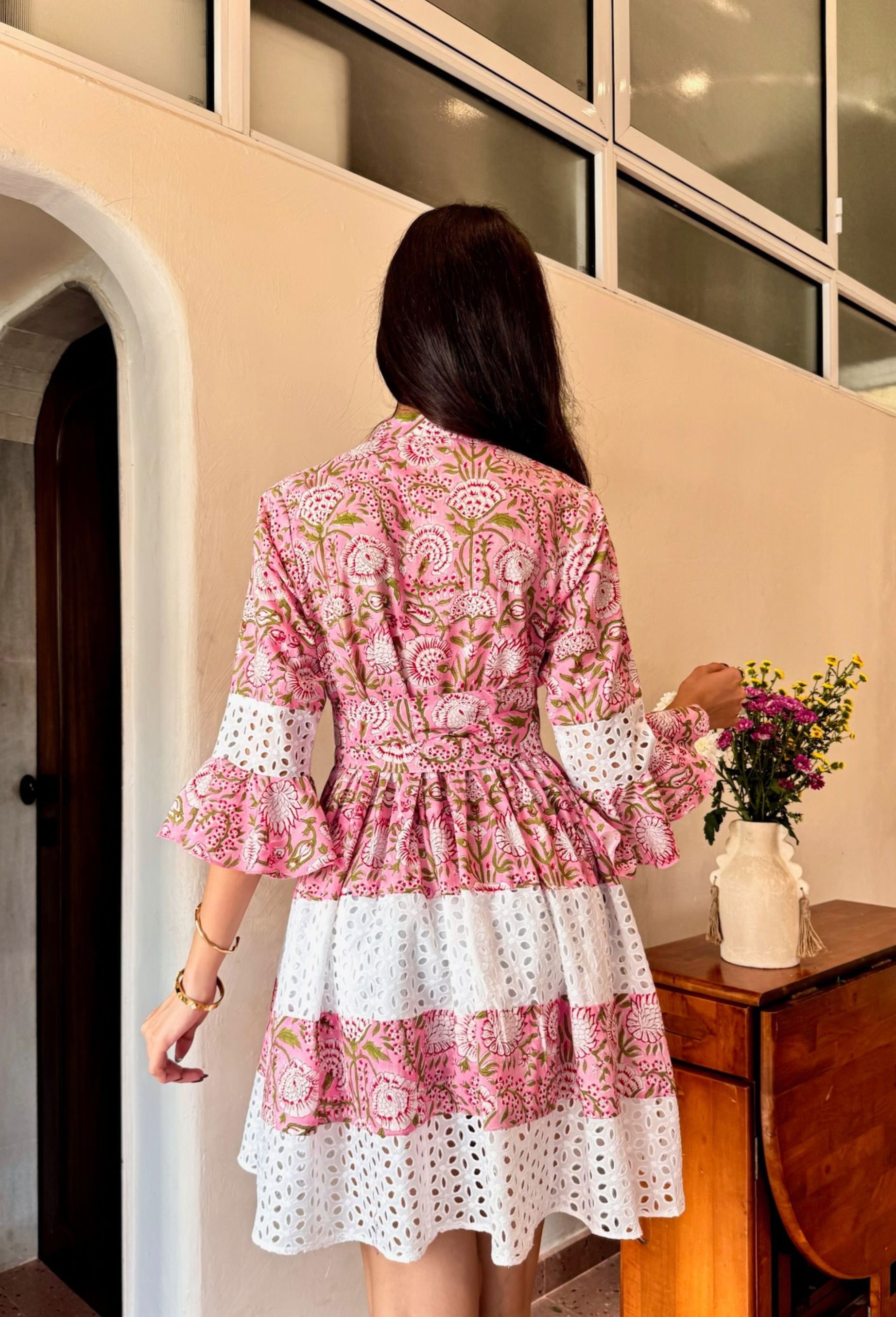 Pink & White Floral Printed Shiffli Cotton Dress