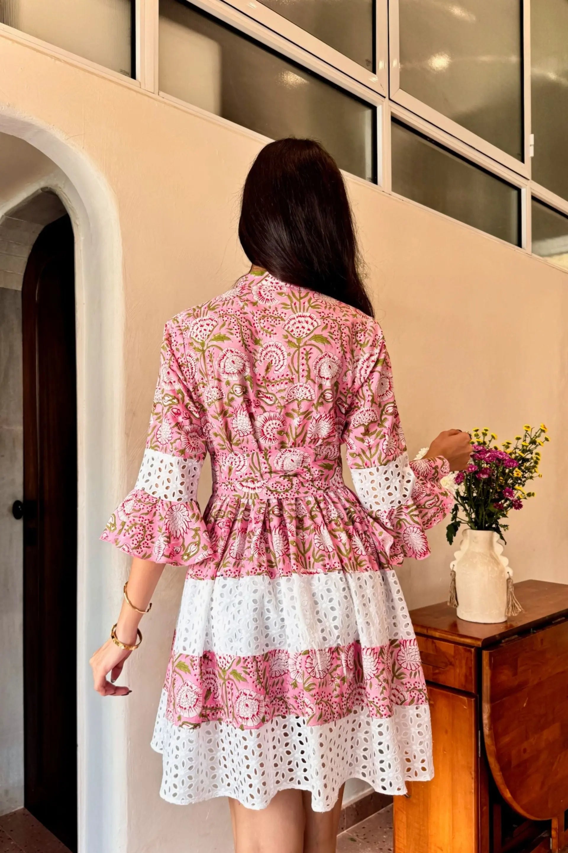 Pink & White Floral Printed Shiffli Cotton Short Dress LF-Collection