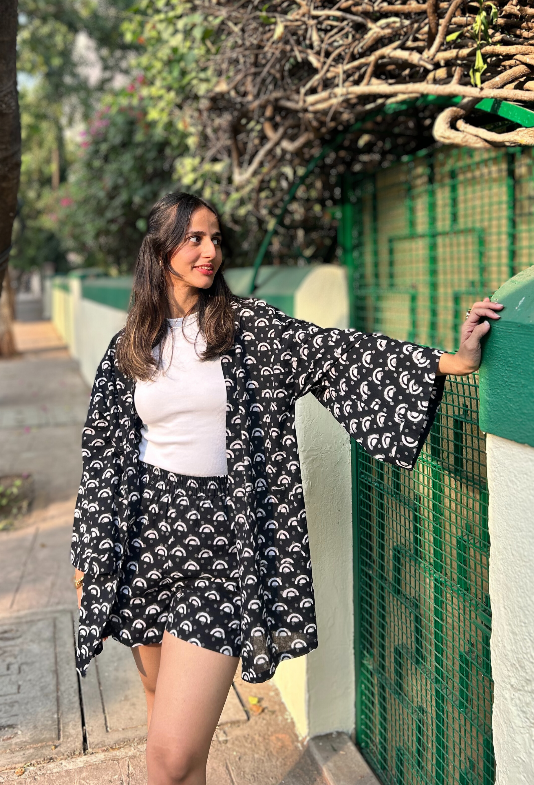 Cotton Hand-Block Geometric Printed Shrug And Shorts Set