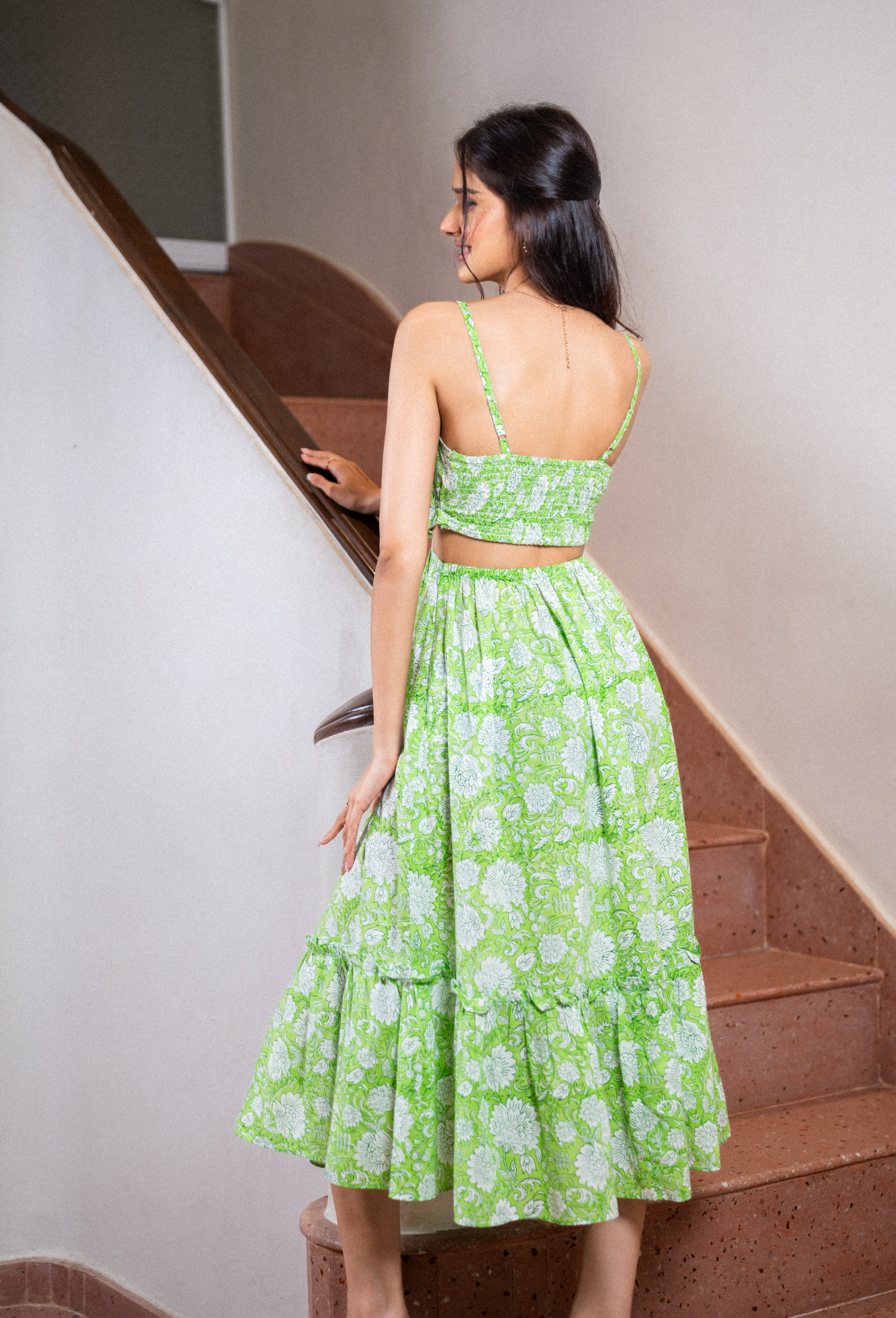 Green Hand Block Floral Print Cotton Dress with Pocket