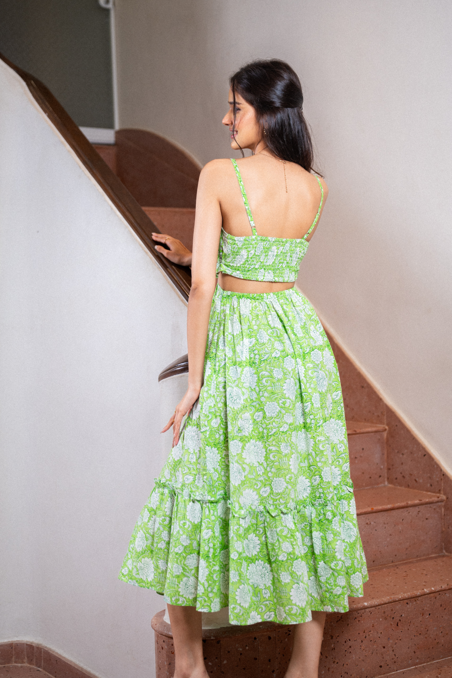 Green Hand Block Floral Print Cotton Dress with Pocket RESORT'24